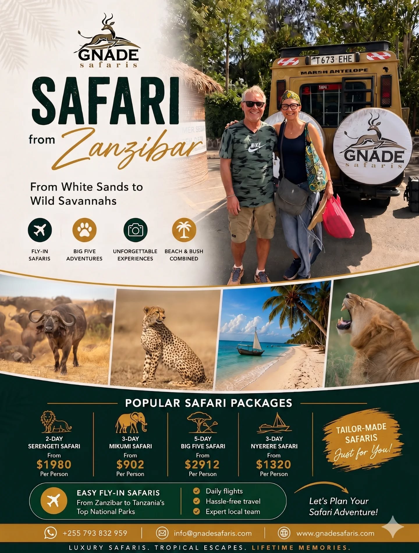 From Zanzibar Beaches to Tanzania’s Wild Savannahs
Why choose between a beach holiday and a safari when you can enjoy both? ✈️
With Gnade Safaris, fly directly from Zanzibar to Serengeti, Ngorongoro, Tarangire, Mikumi, or Nyerere for an unforgettable wildlife adventure.
✅ Fly-in safari packages
✅ Big Five wildlife experiences
✅ Perfect for honeymooners, couples & families
✅ Easy beach + safari combination
📖 Explore our Safari From Zanzibar packages:
https://www.gnadesafaris.com/safari-from-zanzibar
#GnadeSafaris #SafariFromZanzibar #TanzaniaSafari #ZanzibarHoliday #SerengetiSafari