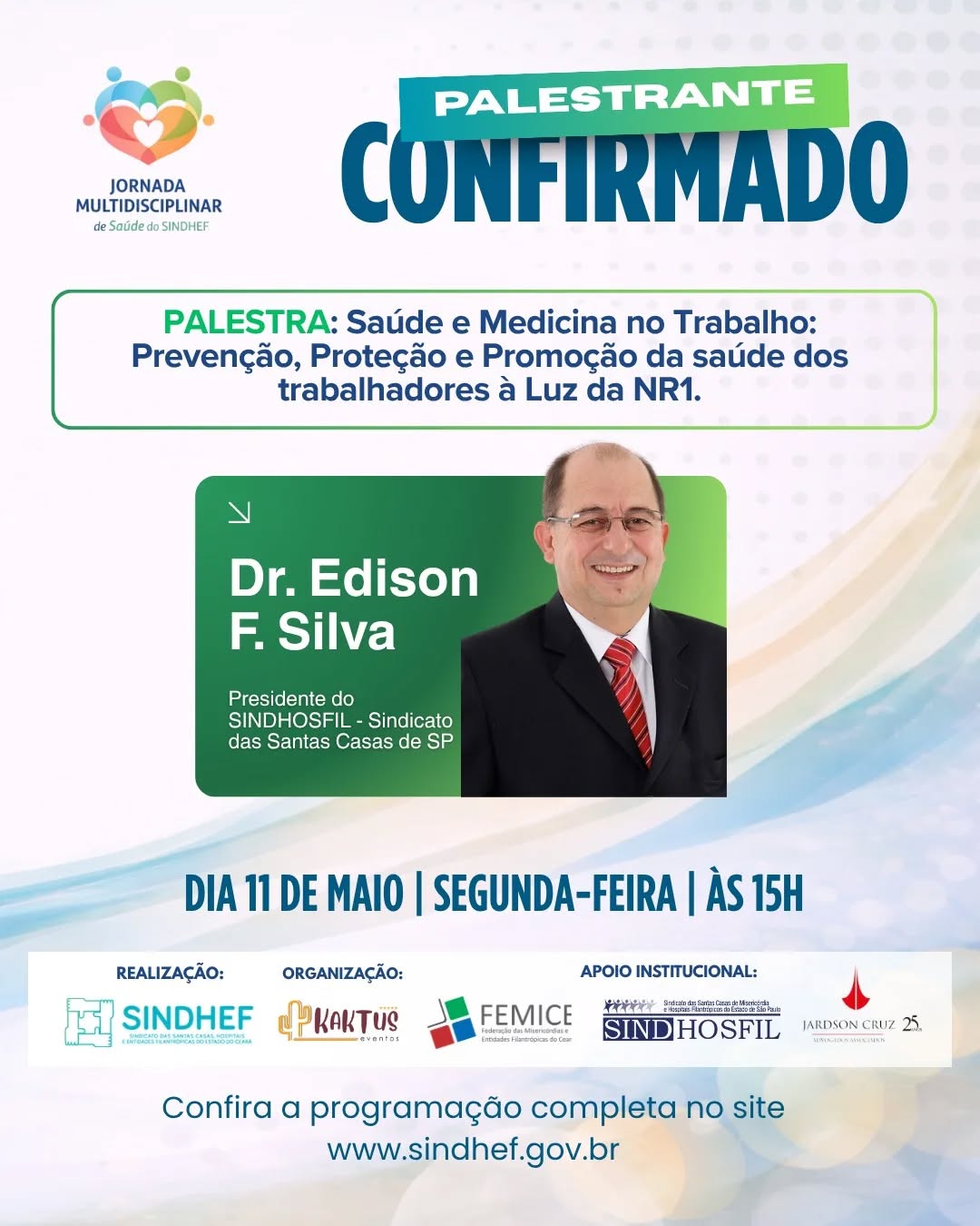 Quando o assunto é saúde do trabalhador, não existe espaço para improviso.
Existe norma. Existe responsabilidade. E, principalmente, existe impacto direto na vida das pessoas.
O Dr. Edison F. Silva, referência na área e Presidente do SINDHOSFIL, conduz uma palestra essencial para quem atua na gestão, assistência e segurança em saúde.
Em “Saúde e Medicina no Trabalho: Prevenção, Proteção e Promoção da saúde dos trabalhadores à Luz da NR1”, você vai acessar diretrizes, reflexões e aplicações práticas que fazem diferença real no ambiente profissional.
🗓 11 de maio
⏰ Às 15h
Se você quer atuar com mais segurança, conhecimento e responsabilidade, esse encontro é indispensável.
Garanta sua participação na I Jornada Multidisciplinar de Saúde do SINDHEF e esteja preparado para decisões que impactam vidas.
🎟 Inscrições abertas no link da bio @sindhef_patronal