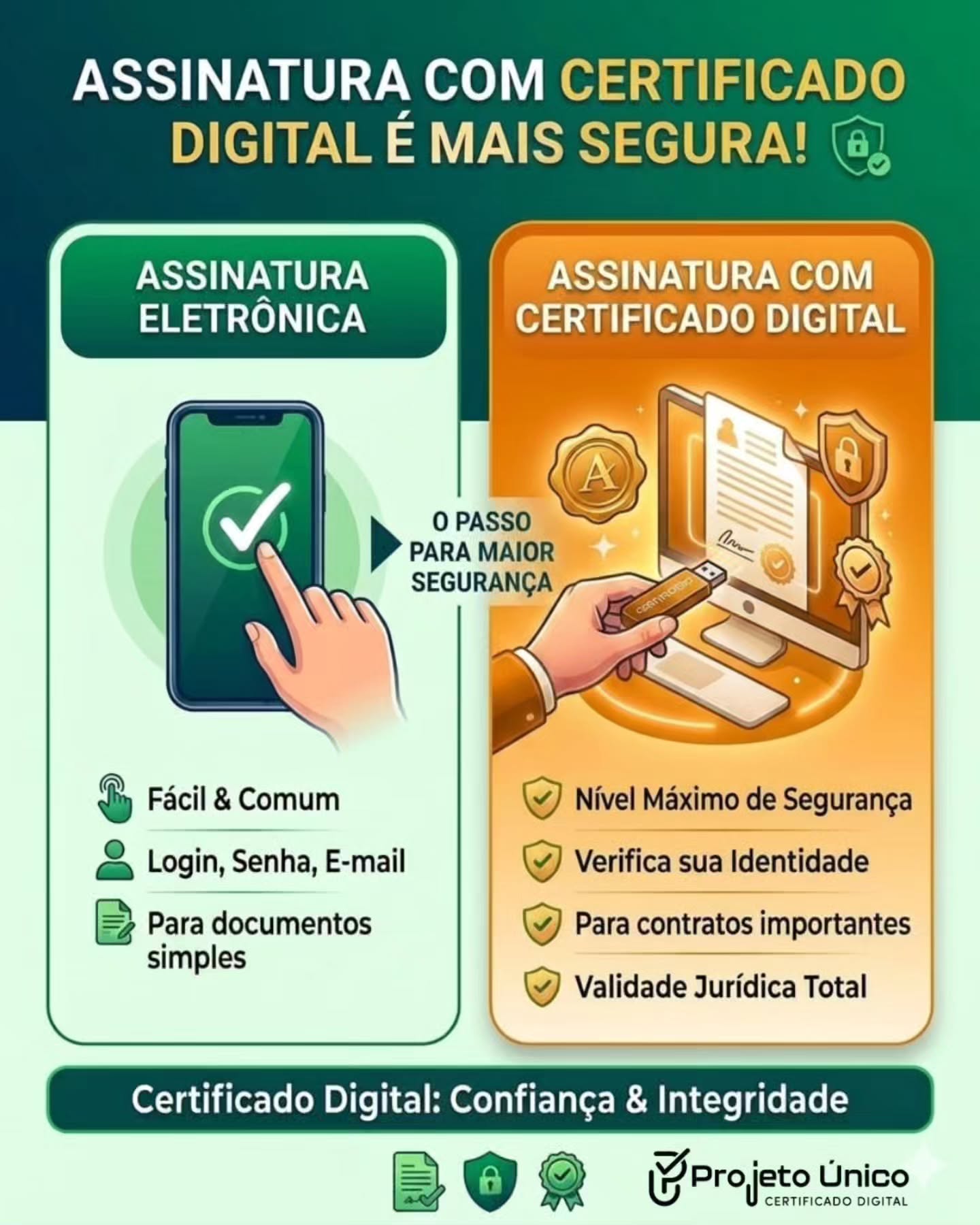 Você sabe qual a diferença entre assinatura eletrônica e digital? 🤔
Muita gente confunde, mas o nível de segurança é bem diferente!
✅ Assinatura Eletrônica: É como um "ok" virtual. Pode ser um clique em um botão, um código enviado por e-mail ou até sua assinatura desenhada na tela. É ótima para coisas simples do dia a dia.
🛡️ Assinatura com Certificado Digital: É o nível máximo de proteção. Ela usa uma "identidade virtual" (o Certificado Digital) que confirma que você é você mesmo.
Por que ela é mais segura?
1️⃣ Identidade garantida: O certificado é emitido por uma autoridade oficial.
2️⃣ Imutável: Se alguém tentar alterar uma vírgula no documento depois de assinado, a assinatura é invalidada na hora.
3️⃣ Valor Jurídico: Ela tem a mesma validade de uma assinatura feita no papel e reconhecida em cartório.
Na dúvida, para contratos importantes e documentos oficiais, escolha sempre a segurança do Certificado Digital. 🔐✨
#CertificadoDigital #SegurancaDigital #DicasDeTecnologia #AssinaturaDigital