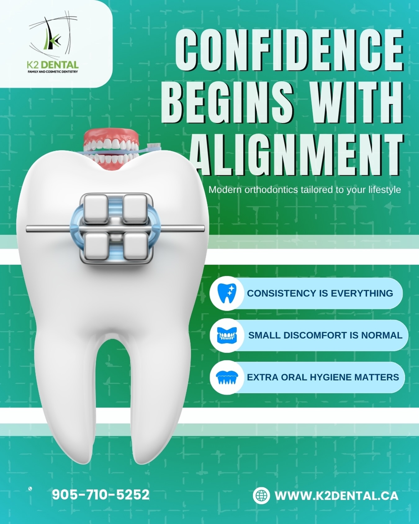 Confidence Begins With Alignment. 💚
Orthodontic treatment at K2 Dental is designed to gently guide your teeth into the right position, improving both appearance and function.
With modern orthodontic options like braces and clear aligners, your treatment is customized to fit your lifestyle while delivering precise, long-lasting results. 🦷
✔️Start your journey toward a healthier, more confident smile today.
☎️905-710-5252
🌐www.k2dental.ca
#Newmarket #NewmarketOrthodontics #Orthodontics #Braces #Invisalign