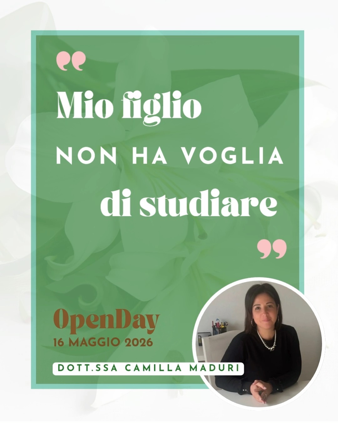 Noi di Psiché sappiamo quanto possa essere delicato scegliere a chi affidare i propri figli, soprattutto quando emergono difficoltà nello studio, nella motivazione o nell’organizzazione.
Per questo abbiamo creato uno spazio semplice ma prezioso: durante il nostro Open Day sarà possibile prenotare un colloquio gratuito e senza impegno con la Dott.ssa Camilla Maduri, professionista dei Percorsi di Supporto allo Studio.
Non è una valutazione, ma un primo incontro per conoscersi, ascoltare i bisogni e capire insieme se il suo approccio può essere quello giusto per accompagnare vostro figlio.
La Dott.ssa Maduri affianca ragazzi in momenti di difficoltà o blocco, costruendo percorsi su misura che uniscono apprendimento ed equilibrio.
Con lei si lavora su:
• metodo di studio personalizzato
• pianificazione efficace
• recupero delle materie
• preparazione estiva
Un percorso concreto, graduale e pensato davvero su misura.
Psiché sceglie con cura i professionisti con cui collabora.
Vi invitiamo a conoscerla.