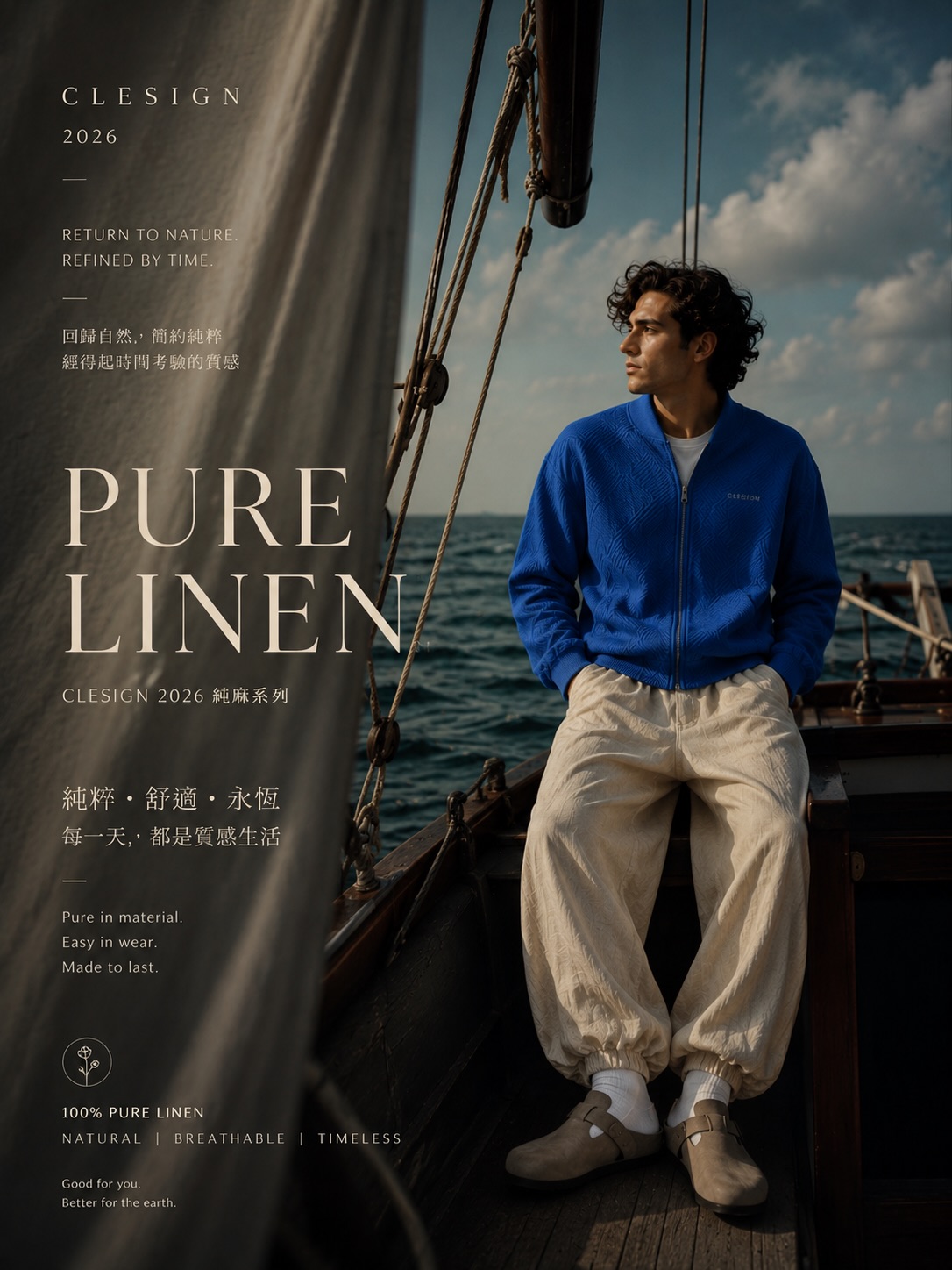 PURELINEN ™
CLESIGN 2026
有些質感,
不是刻意被看見,
而是時間留下來的。
Some textures of elegance
are not meant to demand attention,
but to be remembered by time itself.
100% 純亞麻系列,
將自然纖維、空氣感剪裁與低調輪廓,
重新帶回日常。
Crafted from 100% pure linen,
bringing together natural fibers,
airy silhouettes,
and understated refinement into everyday life.
輕盈、透氣、自然皺摺感,
讓每一次穿著,
都像海風吹過肌膚。
Lightweight. Breathable. Naturally textured.
Every wear feels
like ocean wind against the skin.
Return to nature.
Refined by time.
#CLESIGN
#PURELINEN