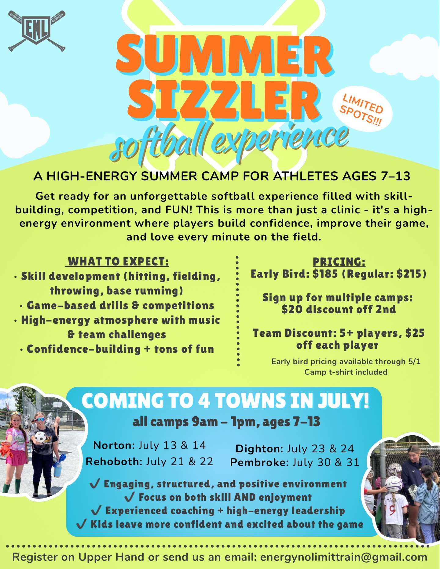 Early bird registration for baseball and softball summer sizzler ends 5/1!!! Sign up now and get in: https://app.upperhand.io/customers/2200-energy-no-limit/events