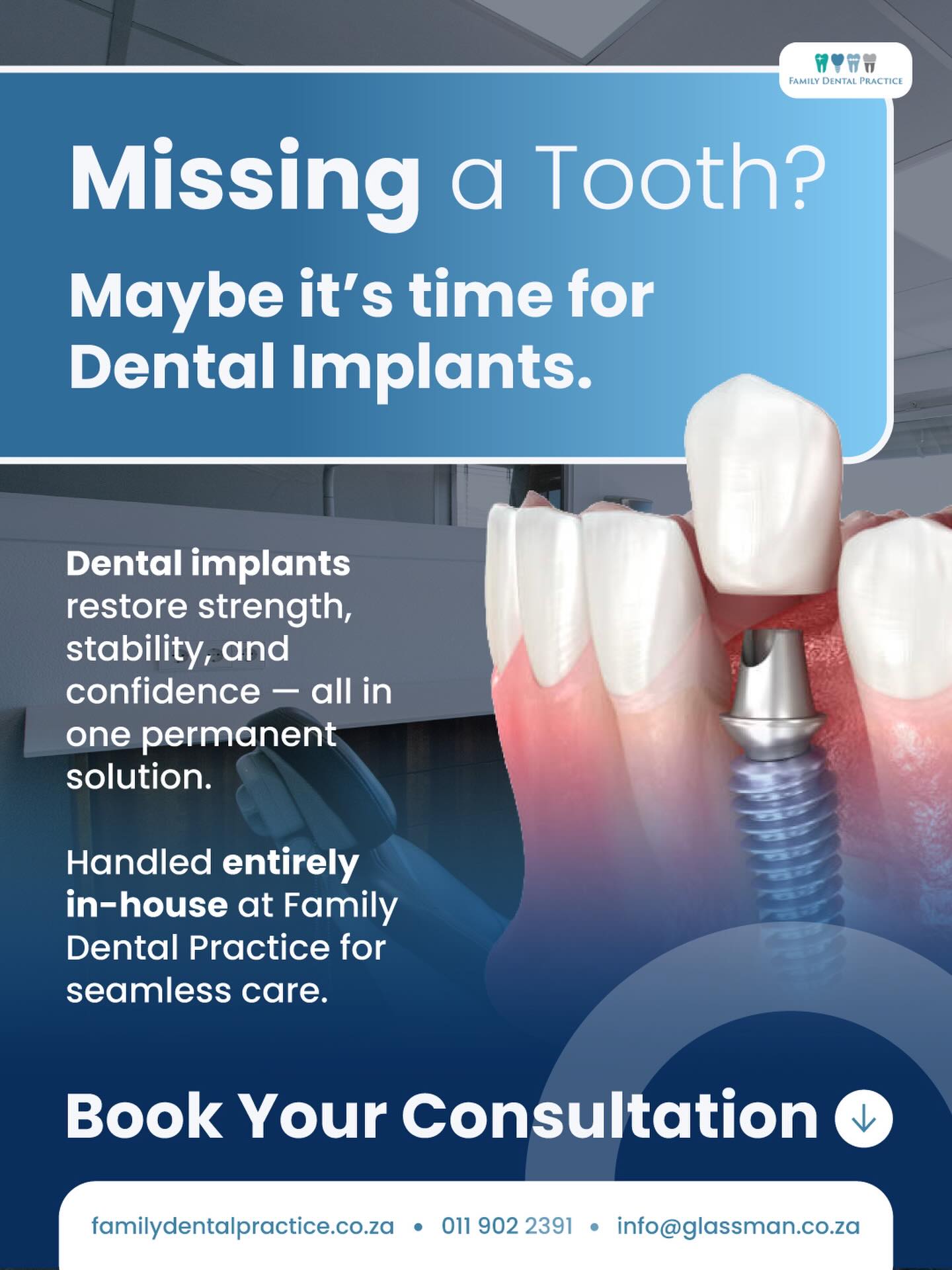 Missing a tooth can affect more than just your smile, it can impact your comfort, confidence, and the way you eat and speak.
Dental implants offer a strong, stable, long-term solution that looks and feels natural. At Family Dental Practice, the entire process is handled in-house, giving you a more seamless, convenient experience from consultation to final result.
Restore your smile with care you can trust.
🌐 familydentalpractice.co.za
📞 011 902 2391
📧 info@glassman.co.za
#FamilyDentalPractice #DentalImplants #MissingTooth #SmileRestoration #ImplantDentistry