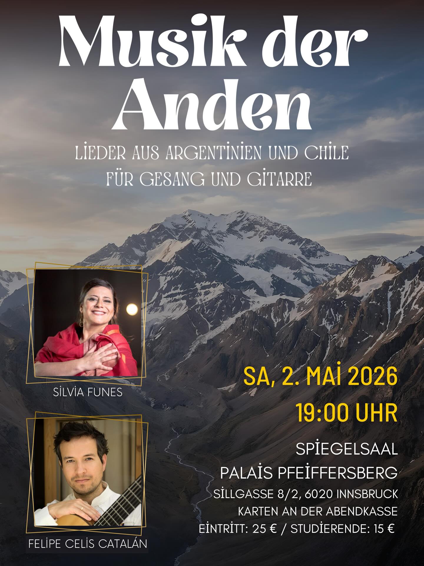 ✨🎶 Musik der Anden 🎶✨
Chilean & Argentine music with Silvia Funes and Felipe Celis Catalán.
💫 The concert will feature the premiere of 4 original songs by Felipe Celis Catalán, exploring different perspectives on the idea of love
🎟️ Reserve your tickets and join us!