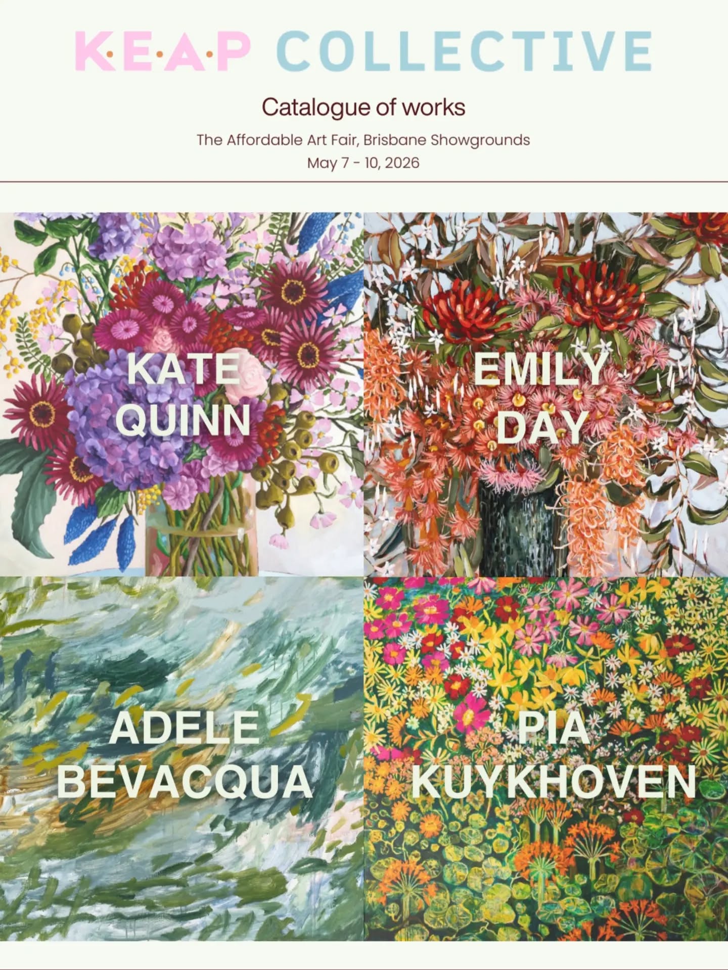 Yesterday we sent out a digital catalogue of works that our artist collective is bringing to The Affordable Art Fair next week!
If you missed out - swing me a message and I'll make sure to send it to you.
I am so proud of all of the work that the four of us have put into this year's fair, and I can't wait to see them hanging/ say hello to anyone who is visiting!
The countdown is officially on..
@affordableartfairau
Brisbane Showgrounds
May 7-10
Stand A9 with @keap_collective
K = @katequinnart
E = me!
A = @adelebevacquaart
P = @pia.kuykhoven.artist
#australianart #australianartist #artcollection #floralartwork #largewallart