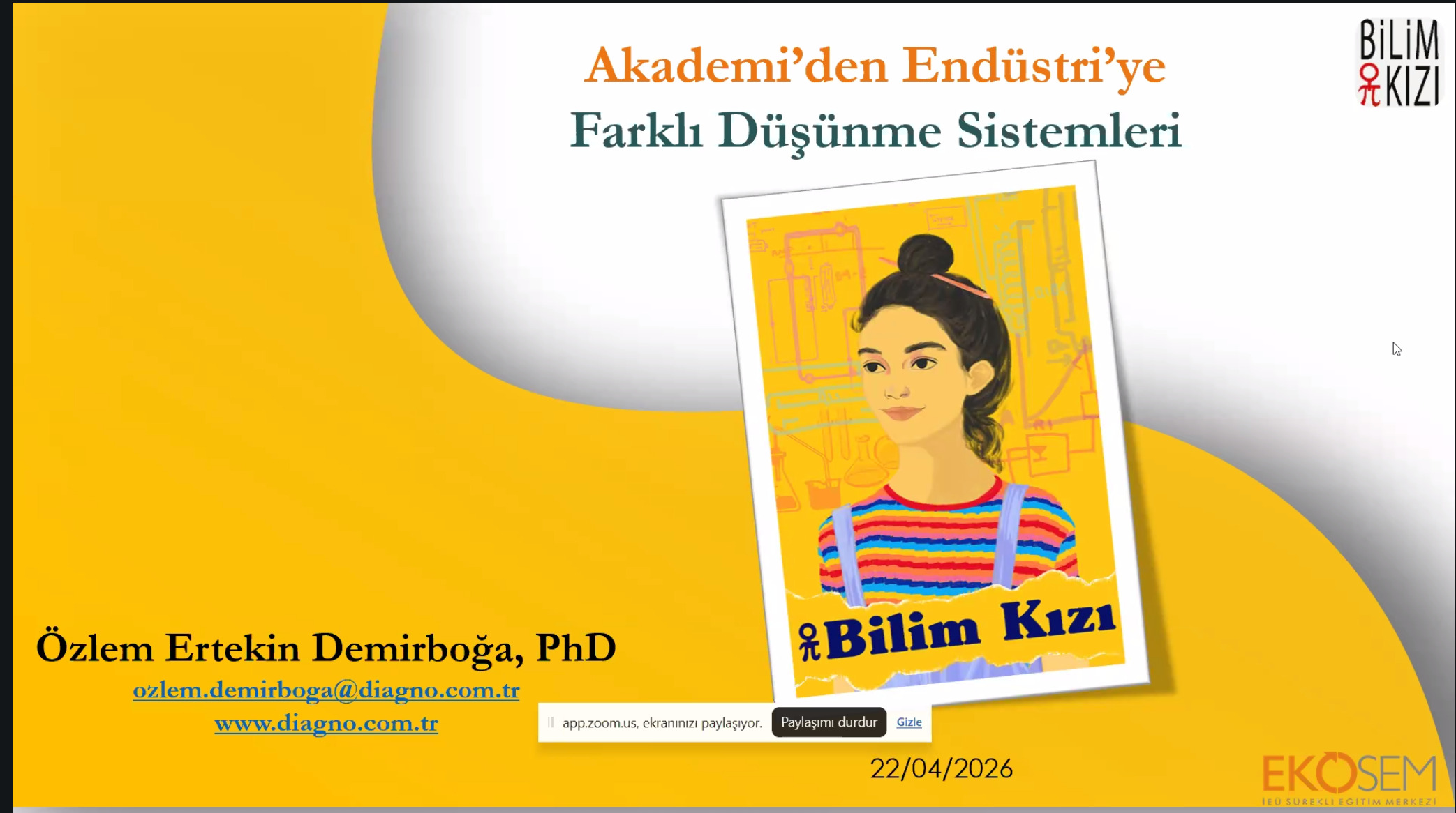 @ekosemofficial İzmir Ekonomi Üniversitesi Sürekli Eğitim Merkezi ile #BilimKızı #sertifika programımızın 13.dersinde
@diagnobiyoteknoloji nin kurucu başkanı Dr. Özlem Ertekin Demirboğa bir #bilim kadının yıllar içerisinde #akademi, #kamu, #özel ve #girişimcilik deneyimlerini öyle güzel özetledi ki;
- Bakış açısı, amaç, odaklanma ve çıktıları çok farklı
- Nerede çalışırsan çalış, önceliklerini belirle ve kararla ilerle
- Girişimci olmak çok havalı ama tüccar, patron, işçi de olacağını unutma
- #fırsat olmadan #inovasyon olmaz. Önce FIRSATI belirle... Sonra doğru sistemi kur.
- Her hangi bir girişimci olmak ile #inovatif girişimci olmak farklı olsa da ÖNCE FIRSATI gör.
- Eğer İNOVATİF BİLİM GİRİŞİMCİSİ olacak isen, muhakkak #fikrihaklar ını koru.
Ne değerli öneriler değil mi? Ülkemizin bu değerli BİLİM GİRİŞİMCİSİ @diagnobiyoteknoloji yi izleyip, alkışlamayı unutmayınız lütfen.