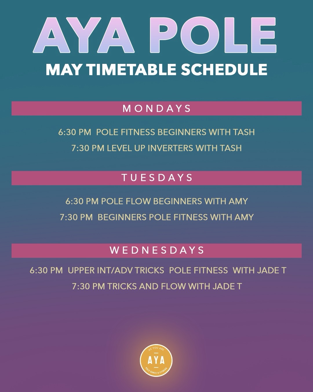 𝐦𝐚𝐲 𝐢𝐬 𝐥𝐢𝐯𝐞 🤍
new timetable. new energy. same safe space.
whether you’re starting from zero or levelling up your tricks… there’s a class for you
you don’t need to be strong
you don’t need to be confident
you just need to start
fortnightly thursdays now added
guest sessions. open pole. more chances to grow
book your spot before they’re gone ✨