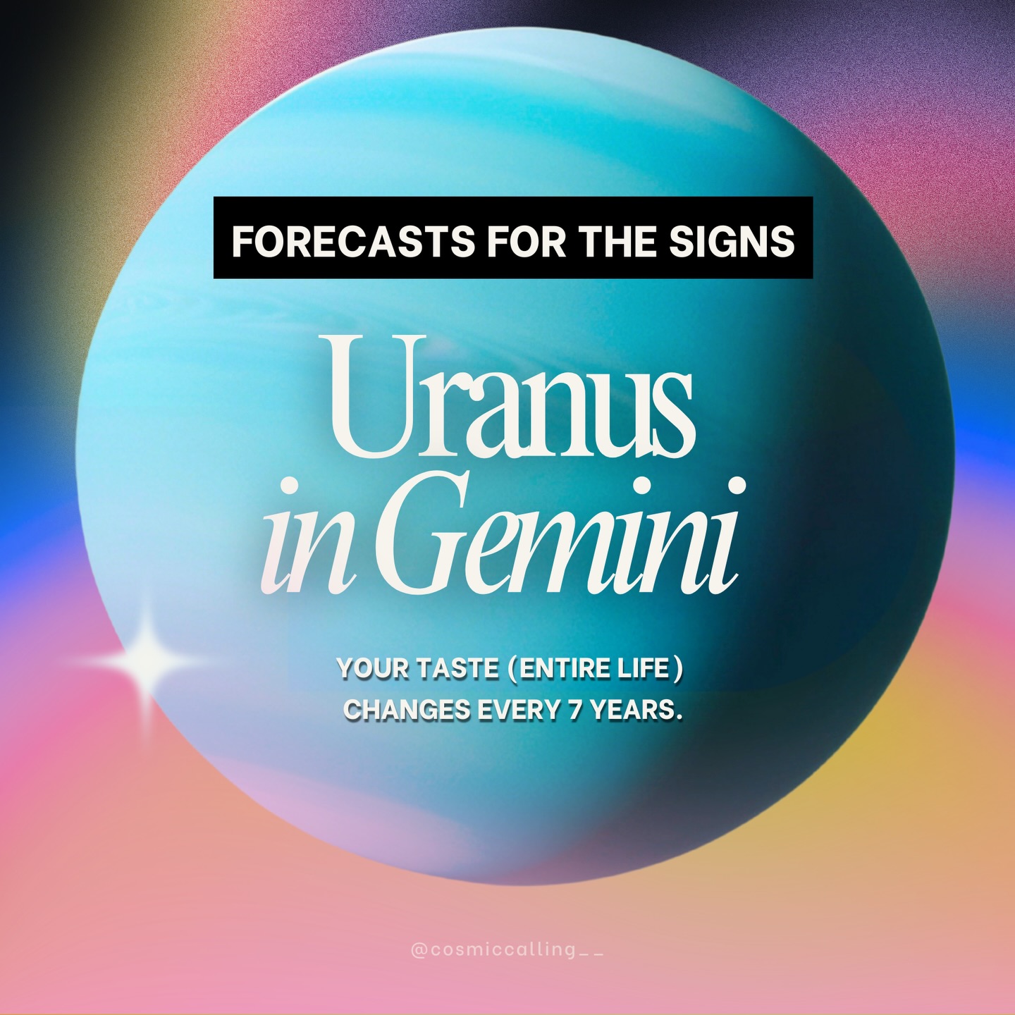 Uranus moves into Gemini April 25th. Seven years. Nothing will look the same on the other side.
The way we process, share, and interpret reality begins to change.
We won’t fully understand while it’s happening, but later realise changed everything.
Find your rising sign. Then keep swiping for your planetary transits, if you have placements in Gemini, Sagittarius, Virgo or Pisces, Uranus is coming for them directly.
Get your full chart free at cosmic-calling.com
→ Part 1: the collective forecast is in the previous post.
#uranusingemini #uranus #gemini