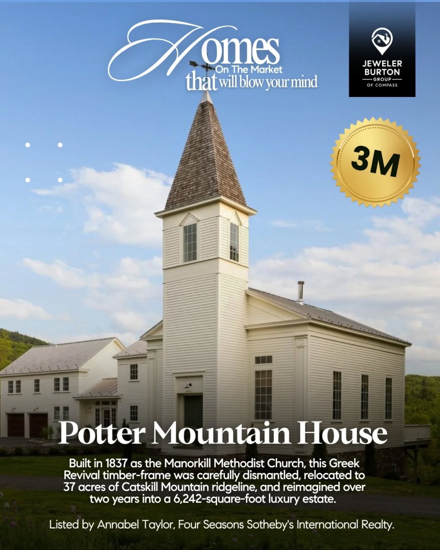 This week's home that will blow your mind pick has been waiting almost 190 years to become what it is now.
In 1837, a timber-frame Greek Revival church was raised in the Catskills to serve the Manorkill Methodist congregation. It stood for over a century. When it was no longer needed for worship, the building wasn't demolished, it was dismantled, board by board, and relocated to a 37-acre site on a Catskill Mountain ridgeline in Gilboa, New York.
Then, in 2023, boutique design/build firm ICDT Studio began a two-year transformation. What emerged is Potter Mountain House:
6,242 square feet anchored by the original hand-hewn beams, white oak floors, and a soaring great room lined with floor-to-ceiling windows set into lime-washed walls.
A library occupies the original cupola. A 600-bottle wine room hides behind steel doors beneath the main stair. The 48" AGA induction range sits in a kitchen designed for serious cooking. And outside, 37 acres of rolling fields with sweeping Catskill views in every direction.
Listed by Annabel Taylor, Four Seasons Sotheby's International Realty.
1174 Potter Mountain Road, Gilboa, NY 12076 $2,995,000.
Buying or selling? Let's make your next move seamless.
Jeweler Burton Group of Compass
www.JewelerBurton.com
#JewelerBurtonGroup #CompassDMV #DMVHomes #LuxuryRealEstate