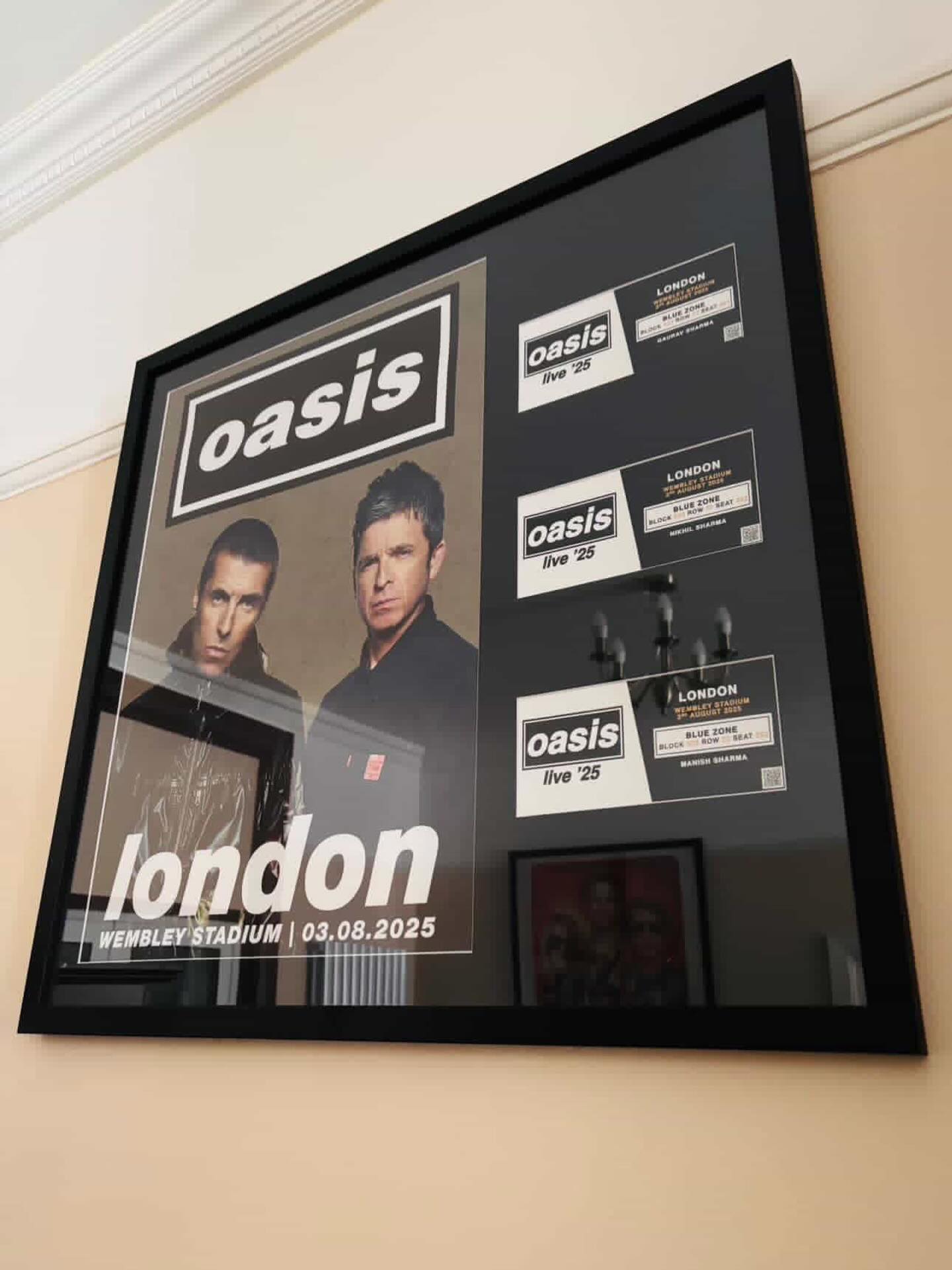 ๐ผ๏ธ One of my long-standing customers, @gk.sharma00, has got his Oasis stubs framed and it is sat proudly in his house! Looks amazing doesnโt it? #Oasis #OasisLive25