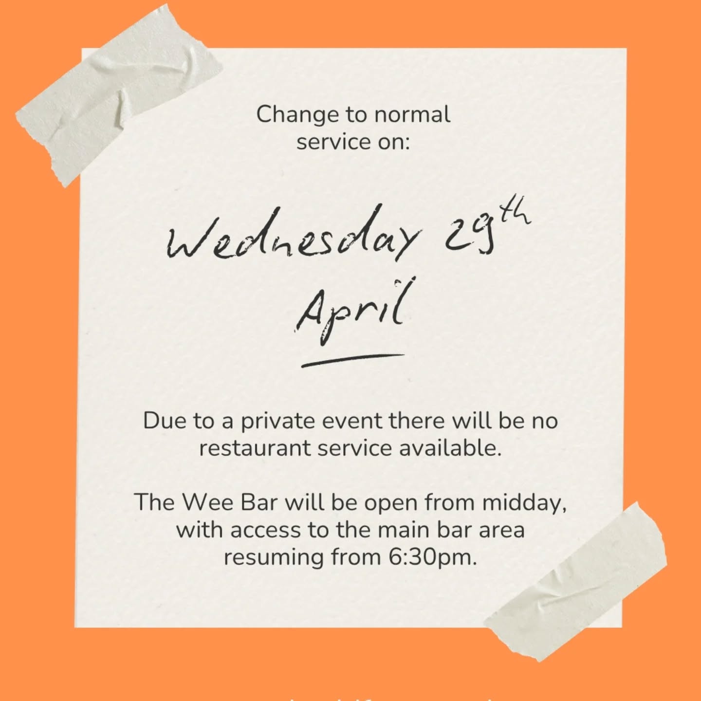 A wee head's up for next Wed 29th April.