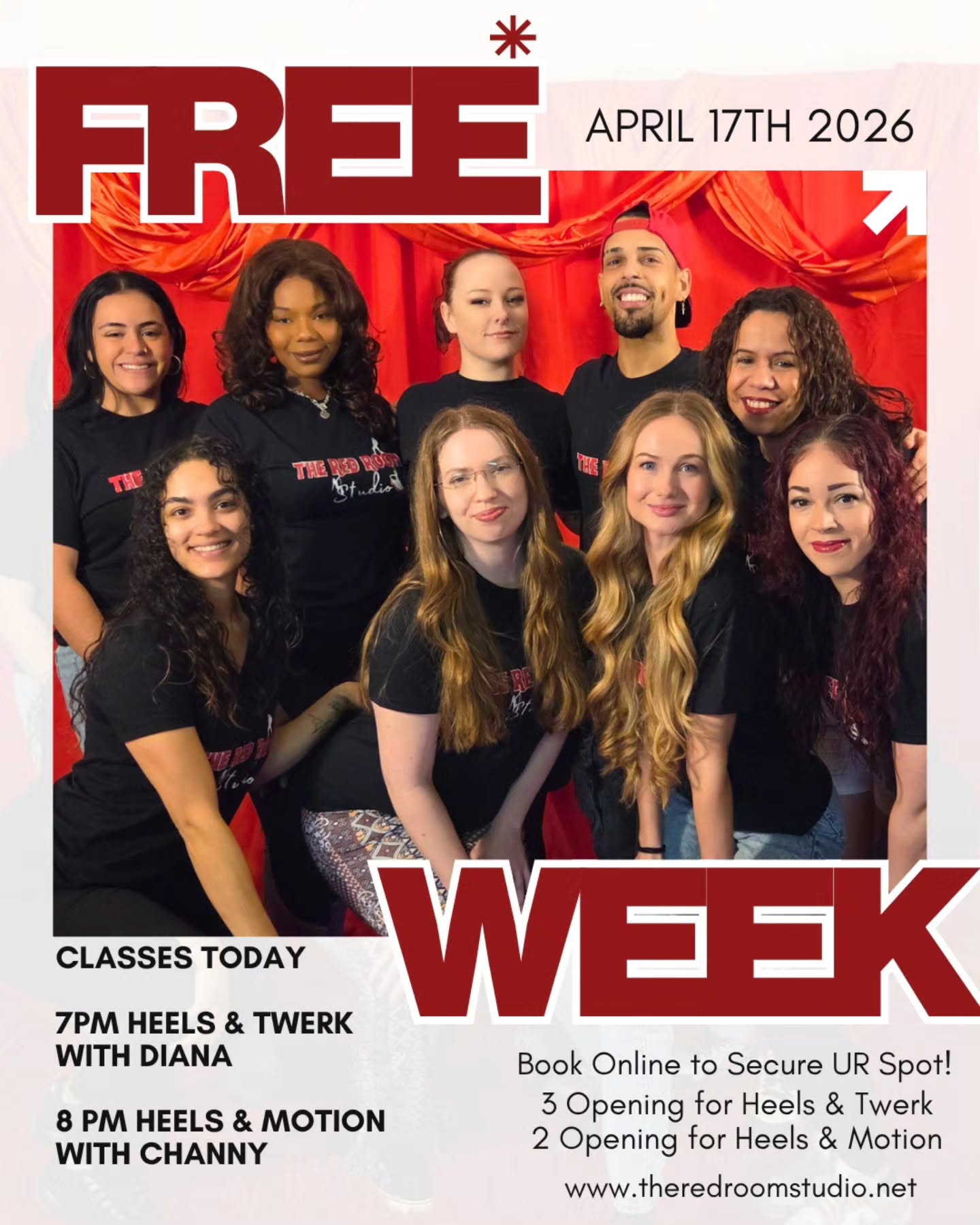 FREE WEEK - Day 5 ✨️
👠Where the Heel Baddies at 👀?? Only a few more openings for both classes, Heels & Twerk class with 3 spots available and Heels & Motion with 2 spots available.
Registration/Booking closes 1 hour before class start time.
#theredroomstudio #freeweek #freeclasses #heelsclass #njdancestudio