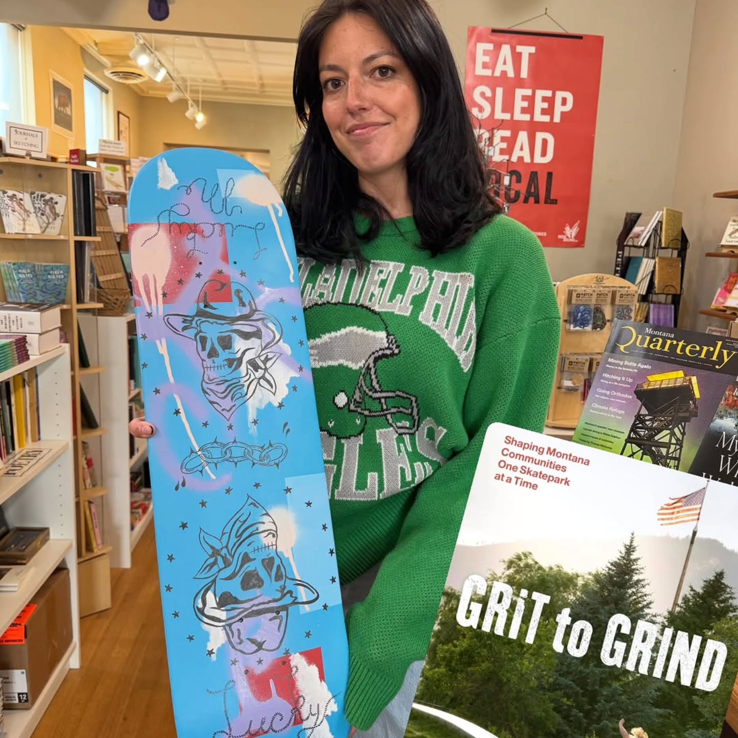 At @wheatgrassbooks Skateboard art is rolling in! We’re just about a week out from Grit to Grind: Skatepark Art & Community Gathering to benefit McNair Skatepark. Join us Saturday, April 25th from 3–5pm for an afternoon of art, community, and celebration. Come see incredible one-of-a-kind pieces, connect with fellow supporters, and help roll momentum toward the future of the park.
@skatealliancemt
@baconmt
@andrewkemmisphoto
@flirtybrat420 @indiebookstoreday @mpibabooksellers
#grittogrind @montanaskatepark @chronicleprism
#parkcountyartscouncil
#skateparks
#indiebookstores