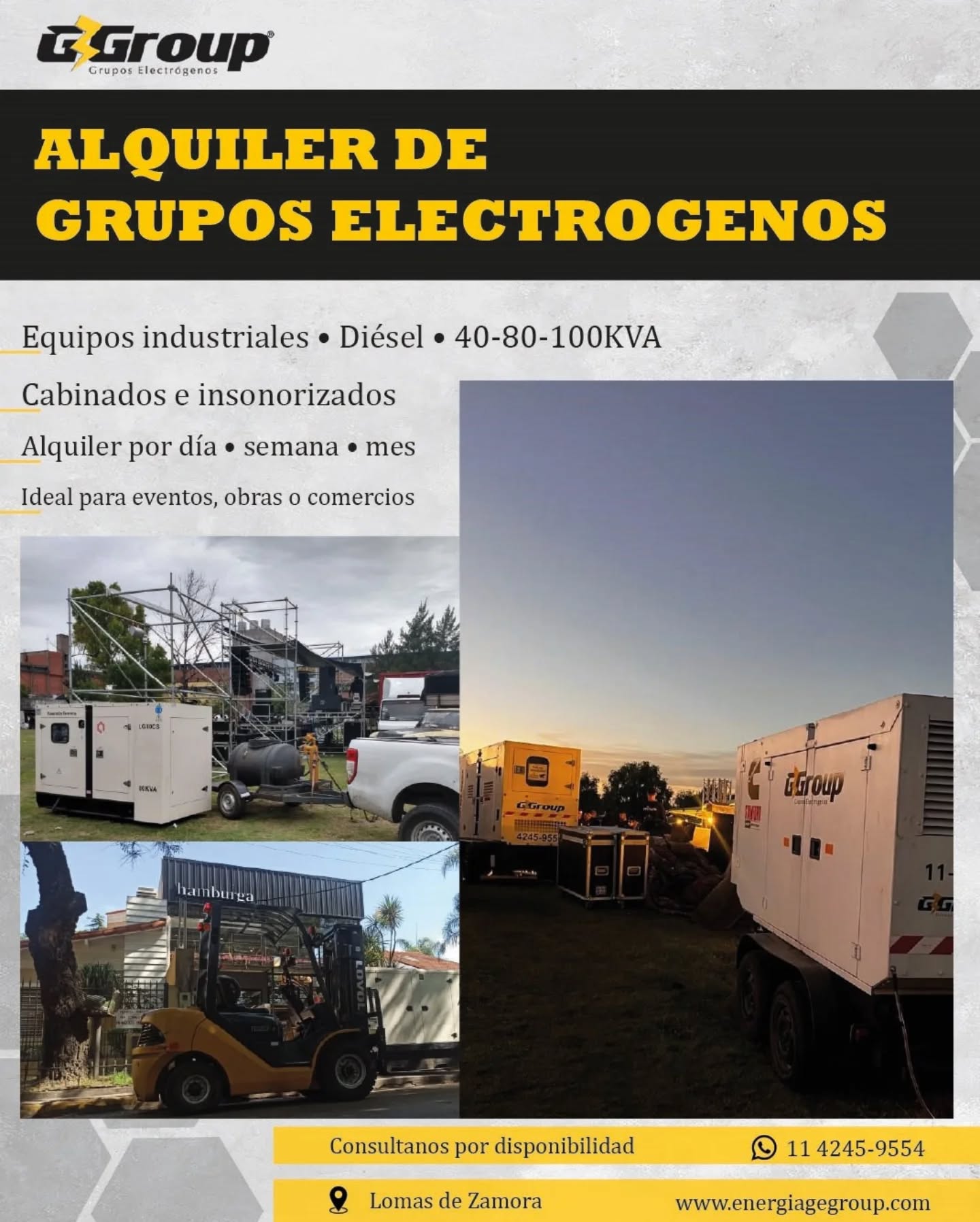 Contamos con equipos de 40, 80 y 100 kVA, diésel, cabinados e insonorizados, preparados para trabajar en condiciones reales. Son una solución confiable para eventos, obras o comercios donde un corte de energía no es una opción.
Analizamos tu consumo y te recomendamos el equipo adecuado para que funcione bien desde el primer momento, sin quedarte corto ni sobredimensionar.
Realizamos alquileres por día, semana o mes, con equipos listos para entregar.
📍 Lomas de Zamora y alrededores
📲 11 4245-9554