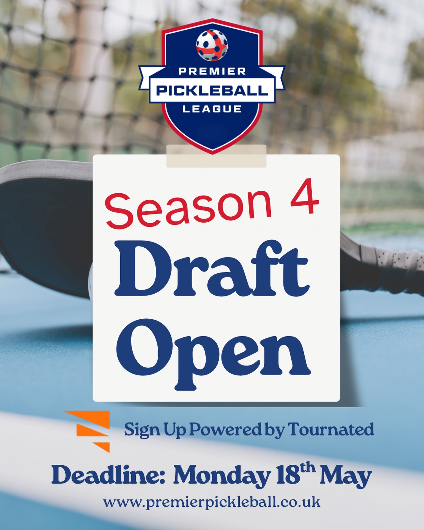 🚨Season 4 Draft Sign Up Open 🚨
We are hugely excited to open sign up for the draft for Season 4 of the Premier Pickleball League.
Head to our website for full information and the link to sign up! Please ensure you read all sign up information before signing up - especially regarding adding some personal playing information if you would like to!
Should you have any questions please email premierleaguepickleball@gmail.com