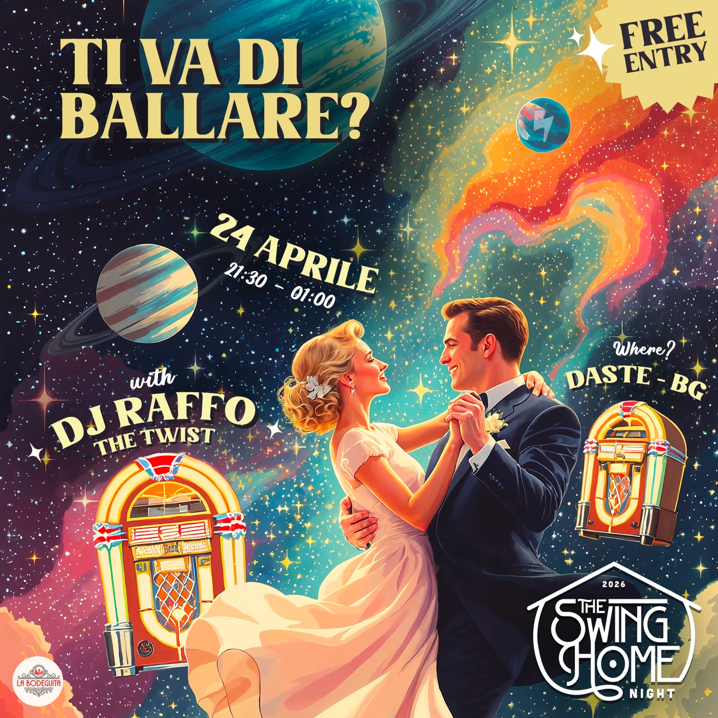 💡💡💡 THE SWING HOME NIGHT 💡💡💡
Venerdì 24 aprile 2026
@daste_bergamo
Dalle 21.30 all’01.00
SERATA GRATUITA!
Si torna a danzare con The Swing Home Night, un evento gratuito che farà vibrare il cuore della comunità swing bergamasca (e non solo!).
A guidare la serata ci sarà una SUPER NEWS!!!
A mettere dischi ci sarà DJ RAFFO THE TWIST @raffo_the_twist
pronto a farvi scatenare tra swing, boogie e rock’n’roll.
Un viaggio nel tempo che profuma di jukebox, sorrisi e voglia di ballare, in un’atmosfera che riporta il divertimento al centro della
scena.
Che tu sia un ballerino esperto o un curioso alla prima esperienza, non importa: qui conta solo la voglia di lasciarsi trasportare dalla musica, conoscere nuove persone e scoprire l’energia contagiosa del mondo swing.
Dove? Al Daste - Bergamo, il luogo perfetto ricco di magia
INGRESSO GRATUITO
E il momento di tirare fuori le scarpe da ballo (o semplicemente la voglia di muoversi): si torna in pista, SWING HOME NIGHT è pronte ad accoglierti!
Graphic design @todophotographics