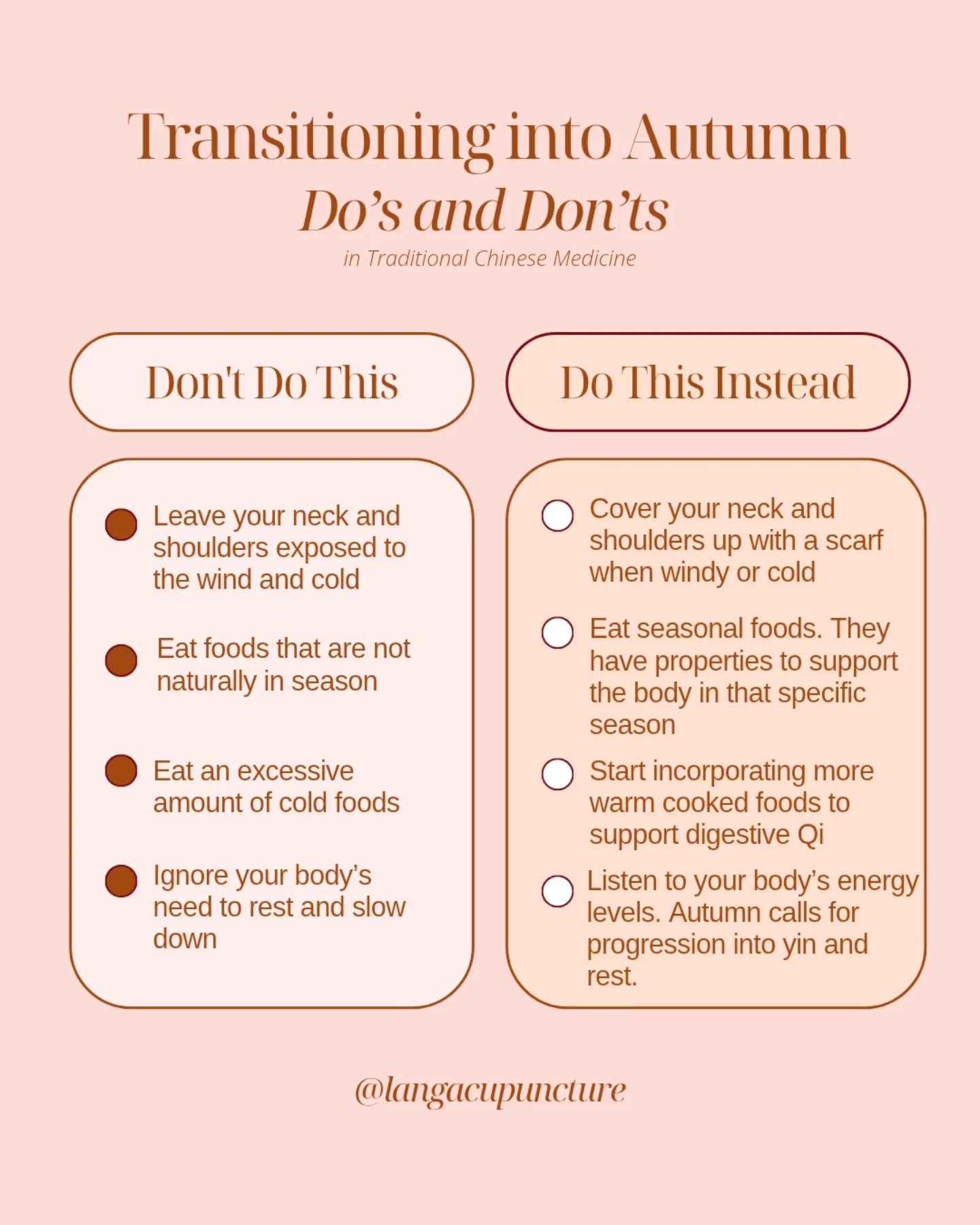 Seasonal changes in Traditional Chinese Medicine (TCM) are significant reminders to adjust our pace and lifestyle. Living in accordance with nature is very important in TCM.
Autumn calls for a slowing down of life, as the weather becomes cooler and the days shorter. Nourishing with warmth and rest is a great start. Follow the few steps above to start supporting your body through the season of Autumn.
#chinesemedicine #acupunctureinbrisbane