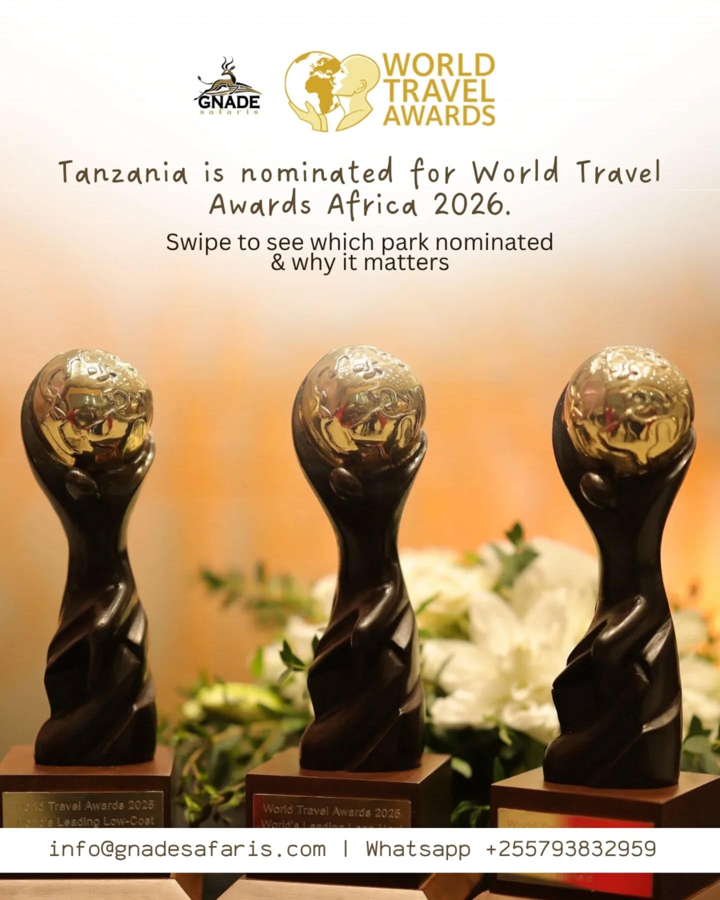 🌍 Tanzania takes the global stage!
From Serengeti National Park to Mount Kilimanjaro, multiple destinations are nominated for the prestigious World Travel Awards 2026 — and Zanzibar will host the Africa Gala Ceremony! 🌴✨
This is more than recognition — it confirms Tanzania as one of the world’s top travel destinations.
Read full story 👇
🔗 https://www.gnadesafaris.com/post/world-travel-awards-2026
📧 info@gnadesafaris.com
📱 WhatsApp +255793832959
#Tanzania #WorldTravelAwards #Serengeti #Zanzibar #GnadeSafaris 🌍🐘✨