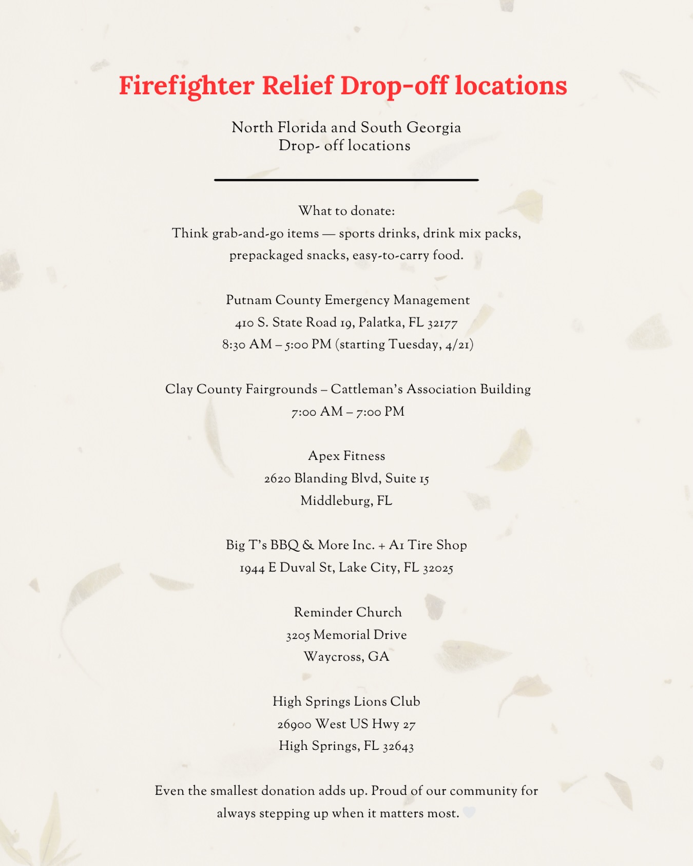 I went through Facebook this morning to find as many drop-off locations for supplies to help our firefighters, first responders, and homeowners during the tragic South Georgia and North Florida wildfires. I’m sure I’m missing several locations, so please feel free to add your business, church, or organization below if you are a drop-off point or know of one. #georgiafires #Putnam #lakecity #brooker #waycross