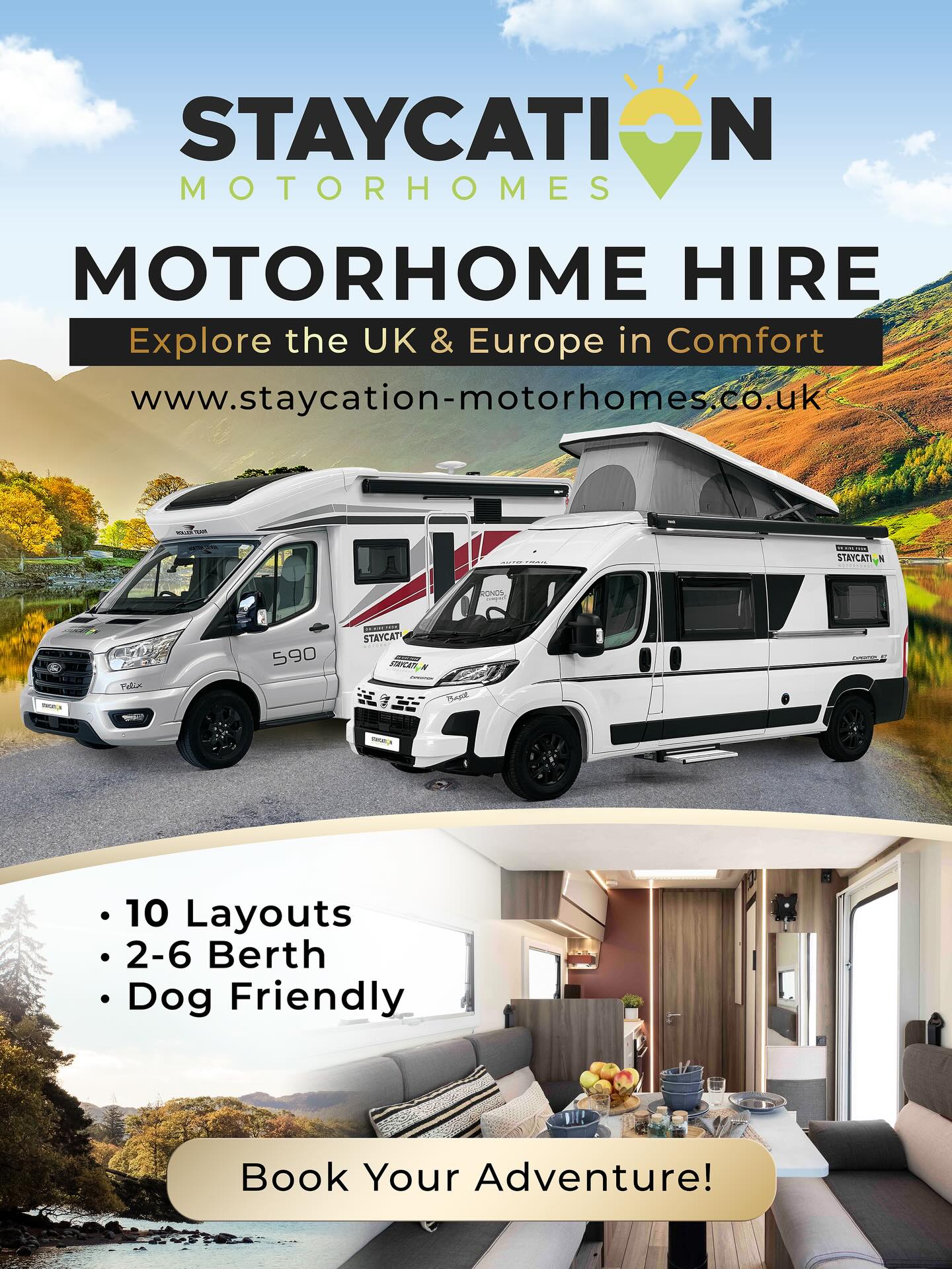 Whether it’s your other half, the whole family or just you and the dog… we’ve got a Staycation Motorhome for every adventure!
Located in the heart of Yorkshire, start your road trip in style and comfort from our showroom.
Our vehicles are impeccably maintained, beautifully clean and ready to hit the road when you are…
Visit our website via the link in our bio to find out more 🚐