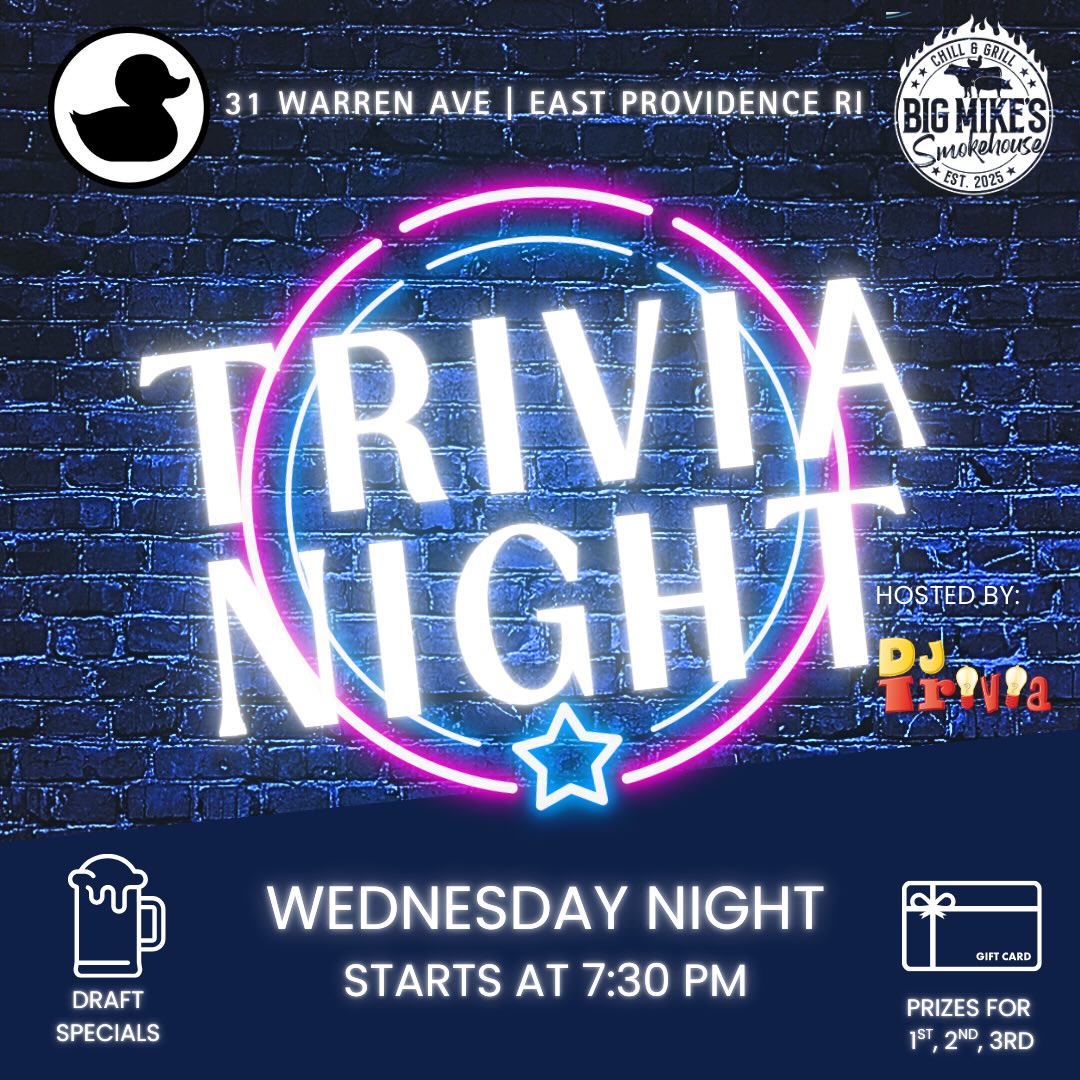 Trivia Tonight - 7:30-9pm!
Hosted by DJ Trivia!
Hungry?
Grab a bite at Big Mike’s Smokehouse!
#trivia #wednesday #blackduck #eastprovidenceri