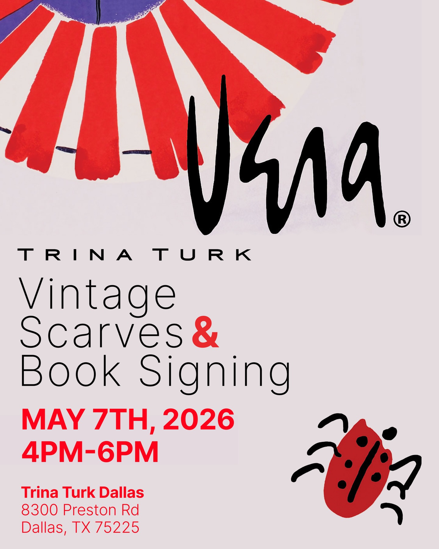 Join us for an afternoon full of vintage scarves & book signing with @trinaturk. 🐞
The perfect start to Mother’s Day weekend!
May 7th, 2026, 4:00-6:00 PM
#dallasevents #veraneumann #trinaturk #vintagetextile #midcentury