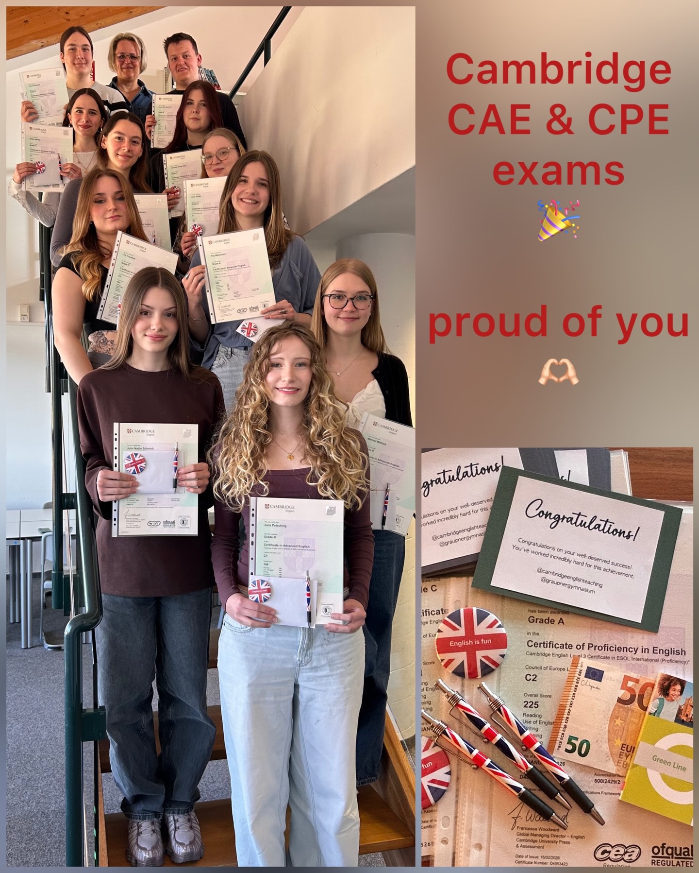 Wir haben einen Grund zu feiern … unsere Schule und speziell die Fachschaft Englisch ist stolz darauf, zwölf Schülerinnen und Schülern für ihre herausragenden Leistungen in den Cambridge-Prüfungen auszeichnen zu dürfen.
Mit großem Engagement, Disziplin und sprachlichem Können haben sie entweder das Niveau C1 oder sogar C2 des Gemeinsamen Europäischen Referenzrahmens für Sprachen erreicht. Sie haben somit bewiesen, dass sie nahezu wie Muttersprachler in der englischen Sprache kommunizieren können. Somit eröffnet ihnen das Zertifikat vielfältige akademische und berufliche Perspektiven.
Das Certificate der University of Cambridge ist international anerkannt und kann beispielsweise als Sprachnachweis für ein Studium im In- und Ausland dienen. Darüber hinaus verbessert es die Chancen bei Bewerbungen und wird von vielen Universitäten, Unternehmen und Institutionen weltweit als Qualifikationsnachweis geschätzt.
Wir gratulieren unseren Absolventinnen und Absolventen noch einmal herzlich zu diesem beeindruckenden Erfolg und sind sehr stolz auf ihre Leistung.
Gleichzeitig danken wir allen Lehrkräften, die die Schülerinnen und Schüler auf diesem Weg begleitet und unterstützt haben.
Danke ebenfalls an www.klett-sprachen.de (an Frau Lohdal) und an www.ipcampus.nl für die Organisation des Prüfungstages am 31. Januar 2026 am CGG in Kirchberg 😊
#exam #cambridge #english #graupnergym