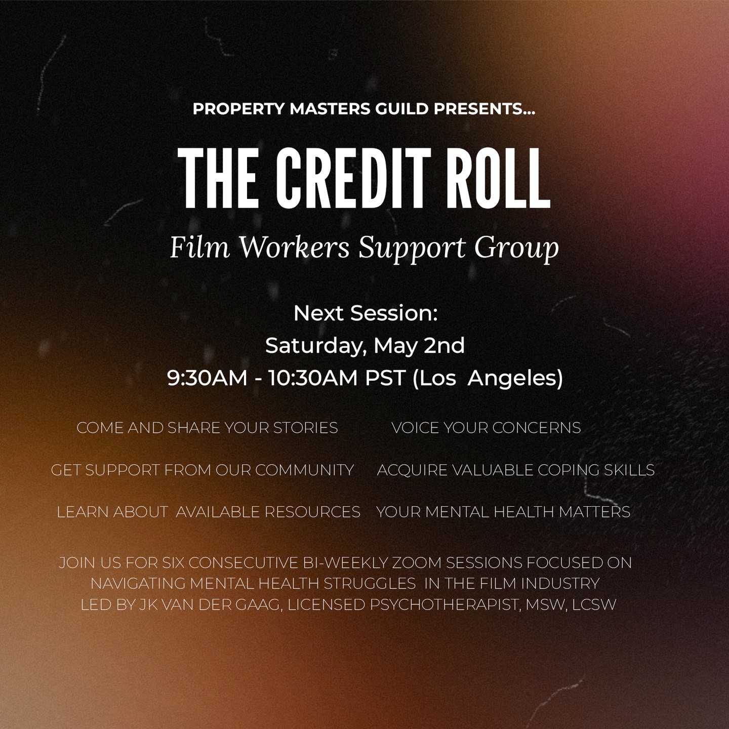 Join us tomorrow for our Credit Roll Program via Zoom. We are continuing with our program of biweekly sessions on Saturdays at 9:30AM PST (Los Angeles). Our Program will continue until June 13th.
The Property Masters Guild understands that we are in a difficult period with the state of the industry. We're here to help.
Come and share your stories, voice your concerns, get support from our community, acquire valuable coping skills and learn about available resources.
Your Mental Health Matters.
This program is open to all those who work in the entertainment industry, across all departments - members & non members.
Register through the link in our bio.