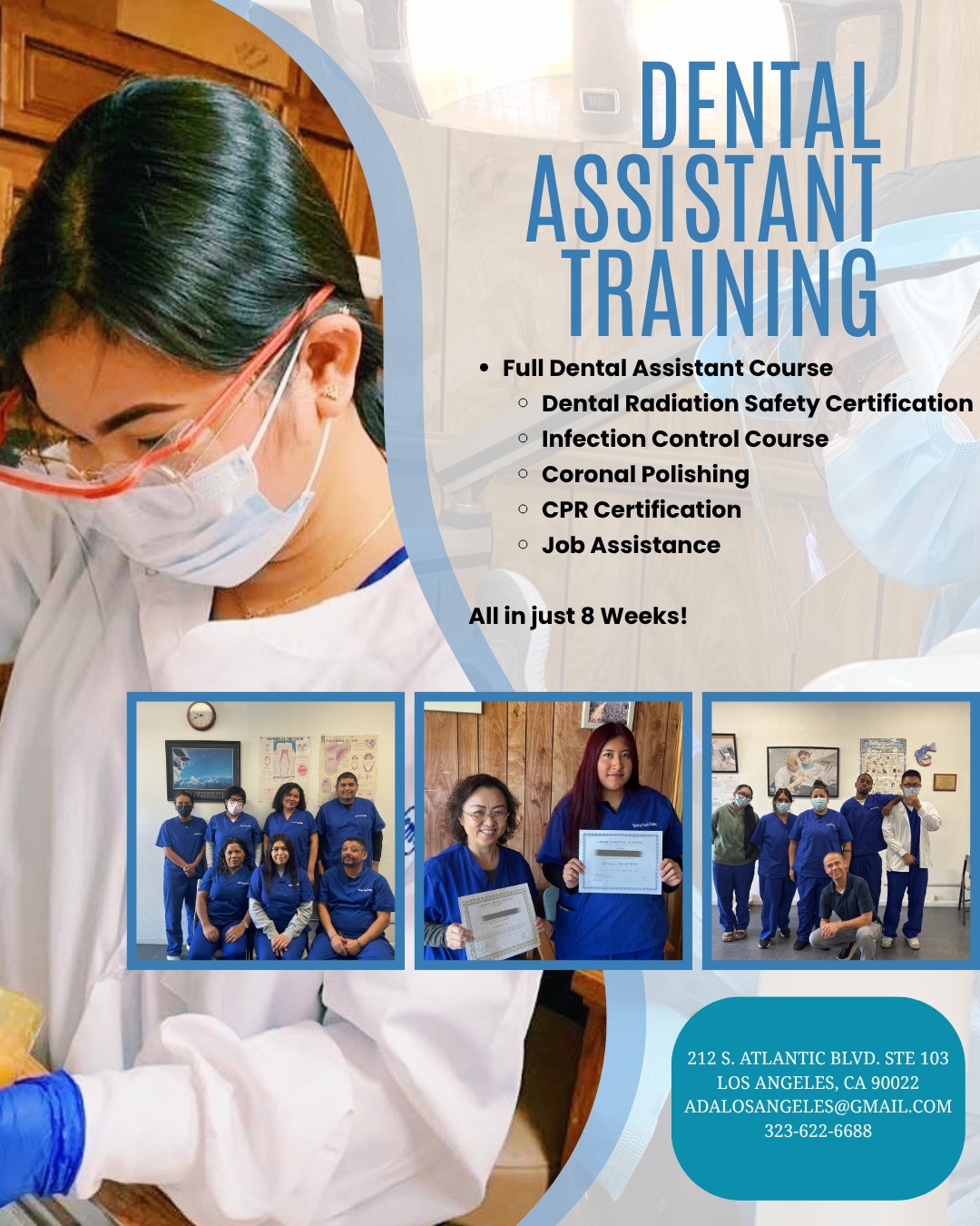 What if your new career only took 8 weeks?! 🤔
Our next class start April 27th, spots are filling up fast!!
📍Los Angeles
✅ X-Ray License
✅ Infection Control
✅ CPR
✅ Job Assistance
#dentist #dental #dentalassistant #daschool #losangeles