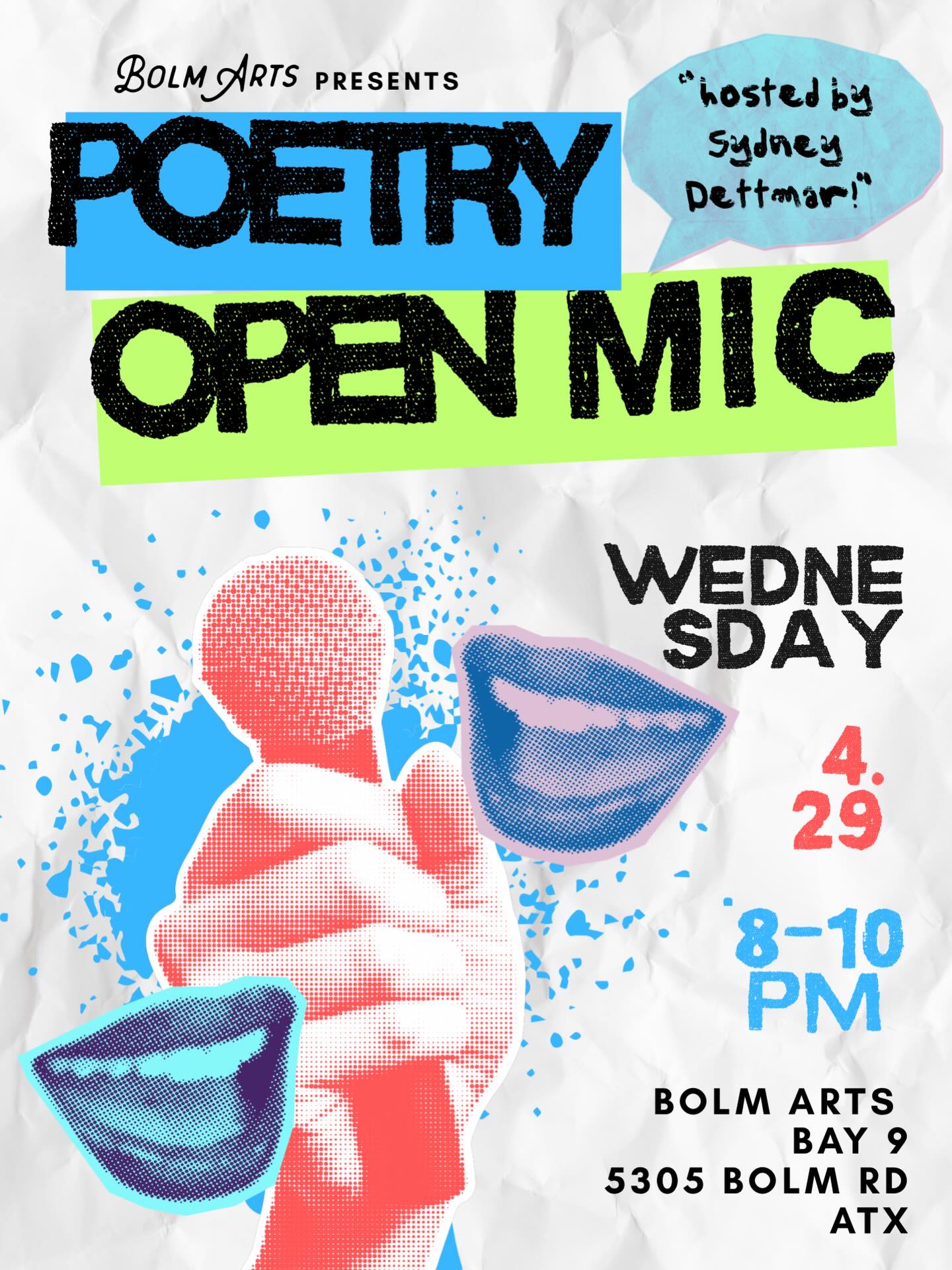 THIS WEDNESDAY 4/29
8-10 PM
POETRY OPEN MIC NIGHT
COOL ART
GOOD COMPANY
OPEN BAR
Hosted by our very own collective member Sydney Dettmar! @sydlizmar ❤️
We hope to see you there! ✨