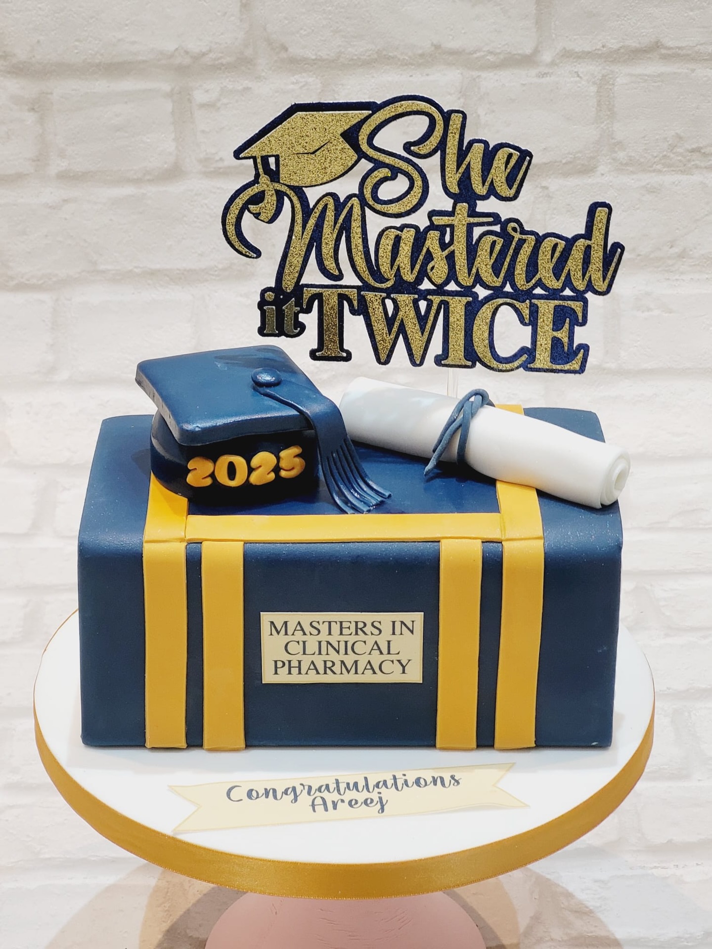 Big congratulations to Areej on an incredible achievement! 🎓💙✨
A Masters in Clinical Pharmacy deserves a cake as bold and brilliant as the journey.
From late nights to bright futures — she mastered it TWICE! 🏆📚💊
Class of 2025 looking unstoppable!
#GraduationCake #ClassOf2025 #MastersDegree #PharmacyStudent #CakeInspiration