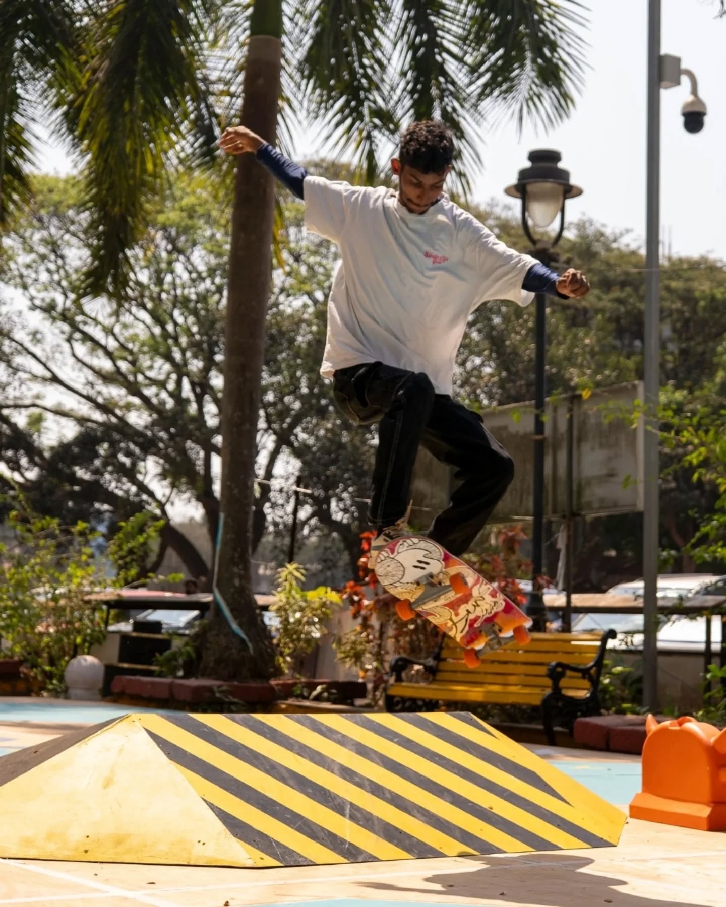 The Skatepark, part of Playscape and supported by RMZ Foundation, brought a completely different energy into the festival. 🛹🔥
Painted by artist Dattaraj Naik and his team, it stood out as a one of its kind addition within an art festival, open, accessible, and constantly in motion.
It was a space where anyone could step in and try. With experienced skaters around, many got their first introduction to skating, picking up basics, trying a few tricks, and finding their balance along the way.
Beginner workshops, open sessions, a skaters’ showcase and a competition kept the momentum going, drawing in both participants and spectators through the days.
By the end, the skatepark became a gathering point, with a music jam that brought the festival to a close on a high note.
A big thank you to RMZ Foundation for supporting and helping bring this space alive.