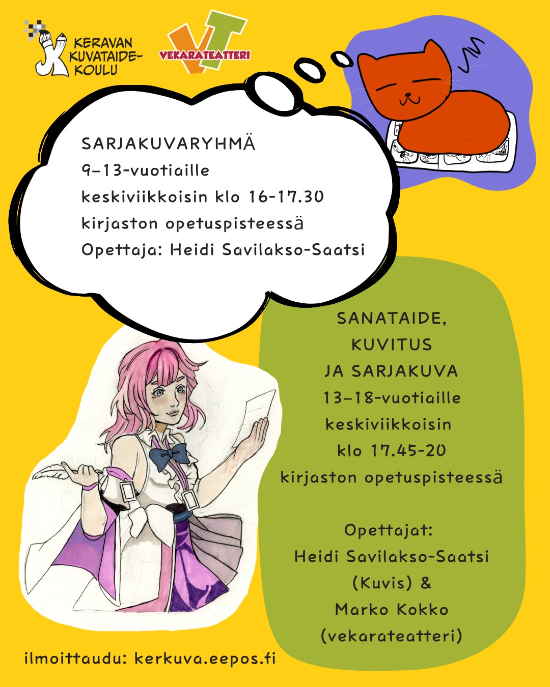 9–13-vuotiaiden Sarjakuvaryhmä jatkuu jälleen ensi syksynä. Hae mukaan nyt kevään haussa. Sarjisopetus laajenee isoille oppilaille, kun aloitamme yhteistyön @vekarateatteri n Markon kanssa!
13–18-vuotiaiden ryhmässä sarjakuva ja kuvitus saa selkärankaa sanataiteen puolelta. Tule kehittämään taitojasi hauskaan ryhmään. Opetus kuvataidekoulun kirjaston opetuspisteessä.
Ilmoittautuminen uusien oppilaiden ilmoittautumisessa osoitteessa kerkuva.eepos.fi
#sarjakuva #sanataide #kuvitus #keravankuvataidekoulu #vekarateatteri #kerava #taiteenperusopetus