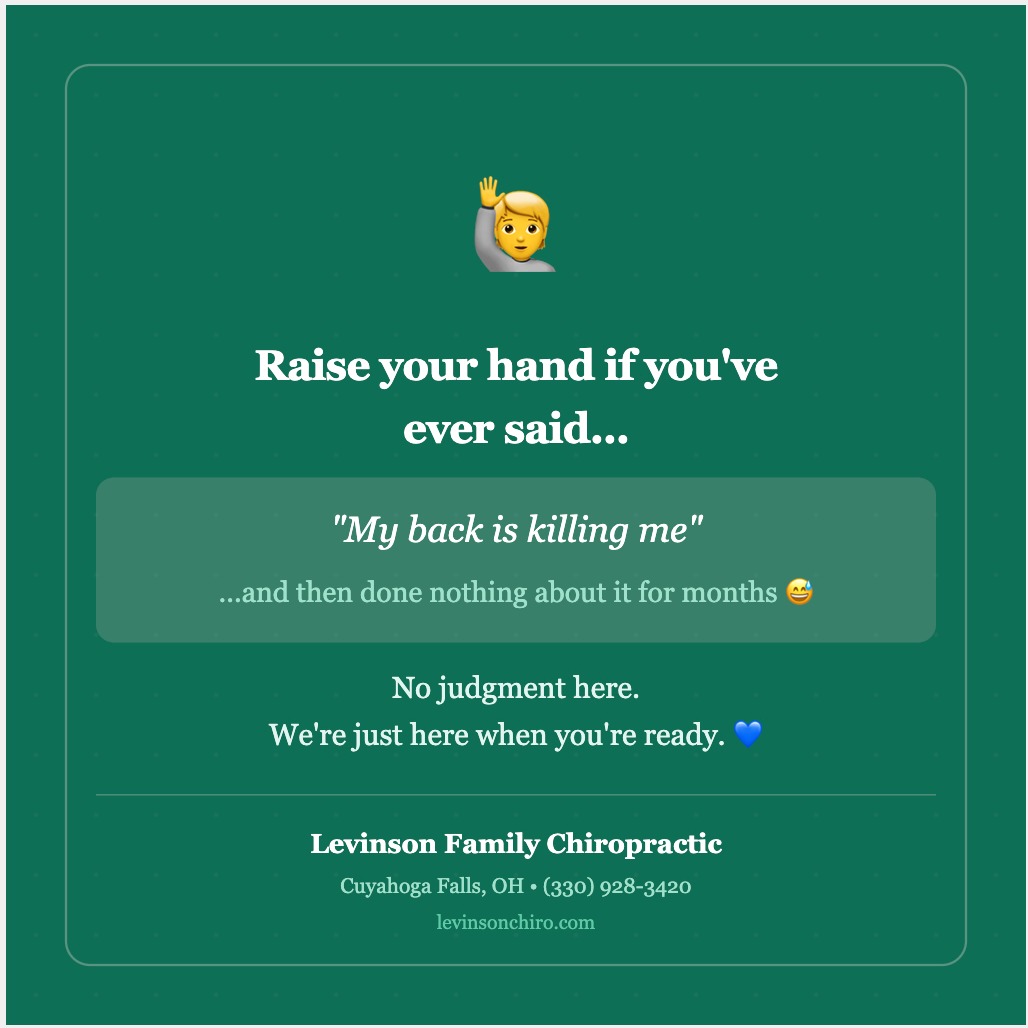 š Raise your hand if you've ever said "my back is killing me" and then done absolutely nothing about it for 6 months. š
You're not alone ā we hear this ALL the time! No judgment here.
We're just here when you're ready.
š (330) 928-3420 | levinsonchiro.com
#CuyahogaFalls #AkronOhio #ChiropractorNearMe #BackPain #FamilyChiropractic