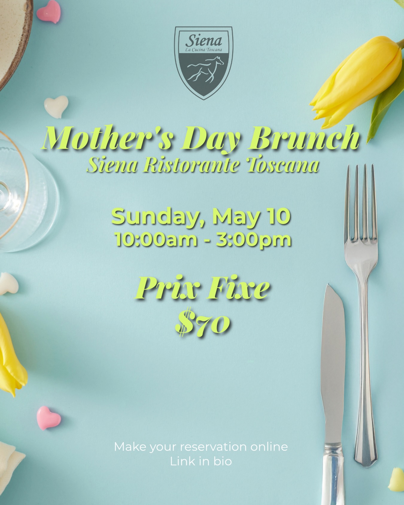 Mother’s Day Brunch at Siena — Sunday, May 10, 10:00 AM to 3:00 PM. Prix fixe $70 per person. Kids under 12 have their own $12 menu. Reserve at the link in bio.
Moms have been coming to Siena since we opened in 2000. Some of them have been sitting at the same table for 26 years. This one’s for them — and for everyone bringing their mom to an Italian restaurant in Austin for the first time.
Three courses, one choice per course:
Antipasti — Bruschetta al Salmone Affumicato, Smoked Salmon, Whipped Cream Cheese, Avocado, Soft Boiled Egg, Everything Bagel Seasoning, Capers, Red Onion (+$5) / Mozzarella di Bufala, Fresh Buffalo Mozzarella, Parma Prosciutto, Arugula, Grilled Peaches / Breakfast Meatballs, Breakfast Sausage Polpetti, Cheese Grits, Cream Gravy, Green Onion / Cotton Candy Crispy French Toast, Vanilla Whipped Cream, Maple Syrup
Primi Piatti — Raviolo di Aragosta, Fresh Lobster and Langoustine Ravioli, Lobster Velouté, Tarragon Oil (+$5) / Clam Chowder, Cream, Bacon, Corn, Oyster Crackers / Insalata di Anguria, Watermelon and Heirloom Tomato Salad, Honey Vinaigrette, Red Onion, Fresh Mint and Basil / Crab Beignets, Flash Fried Crab Puffs, Spicy Remoulade Sauce
Secondi Piatti — Tagliatelle alla Bolognese, Fresh Pasta, Meat Sauce of Bologna, Grana Padano Cheese / Roasted Half Chicken, Wood Oven Roasted, Black Truffle Chicken Jus, Roasted Potatoes / Filleto di Dentice, Blackened Redfish, Crab, Shrimp and Crawfish Topping, Dirty Rice (+$10) / Steak and Eggs, Marinated Grilled 8oz New York Strip, Over Easy Eggs, Homemade Hash Potatoes
Add a Dessert Trio for $5 — Crème Brulée, Chocolate Torte, and Strawberry Shortcake.
📍 6203 N Capital of Texas Hwy, Austin, TX 78731 📞 (512) 349-7667
#SienaAustin #ItalianFoodAustin #AustinRestaurants #TuscanCuisineATX