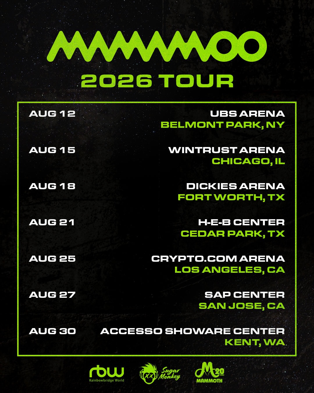 Presale starts TODAY at 10am local!
If you registered for a presale code, check your email for your code then head to the ticket page to purchase. The MAMAMOO Artist Presale ends May 14 at 10PM (local).
Public on sale begins Friday, May 15th at 10am local.
Use your code to purchase tickets & VIP at the link in bio.
#MAMAMOO #MAMAMOO2026
#MAMAMOO_2026_US_TOUR
#MAMAMOO_2026_WORLD_TOUR
@237_global