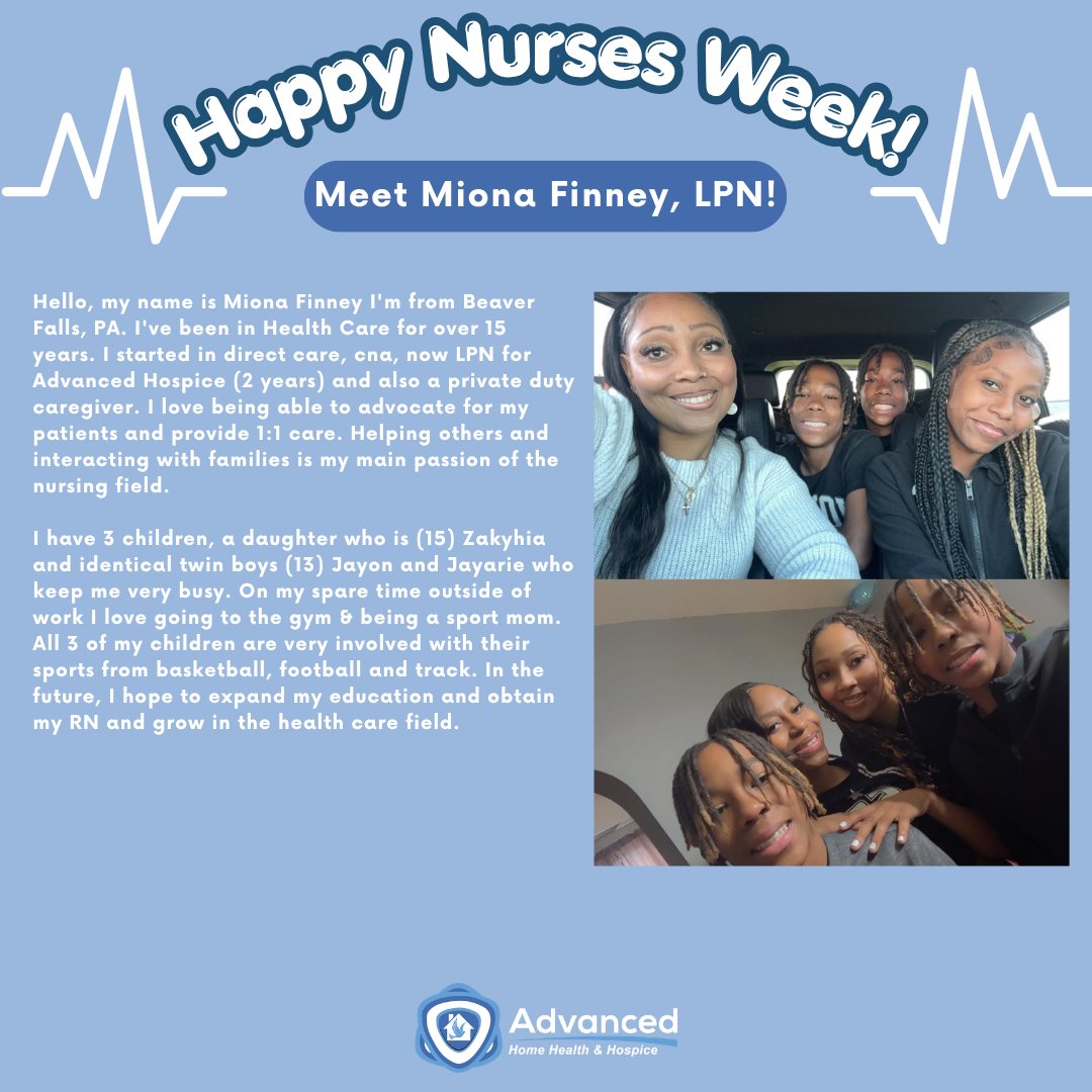 Nurses Week Spotlight ✨
Today we are recognizing Miona Finney, LPN! Miona provides care and support to hospice patients and families each day, helping make a meaningful difference through her dedication and compassionate care.
We are thankful to have Miona on our team and are proud to celebrate her during Nurses Week. Thank you, Miona, for all that you do! 💙
#NursesWeek #AdvancingTogether #HomeHealth #Hospice