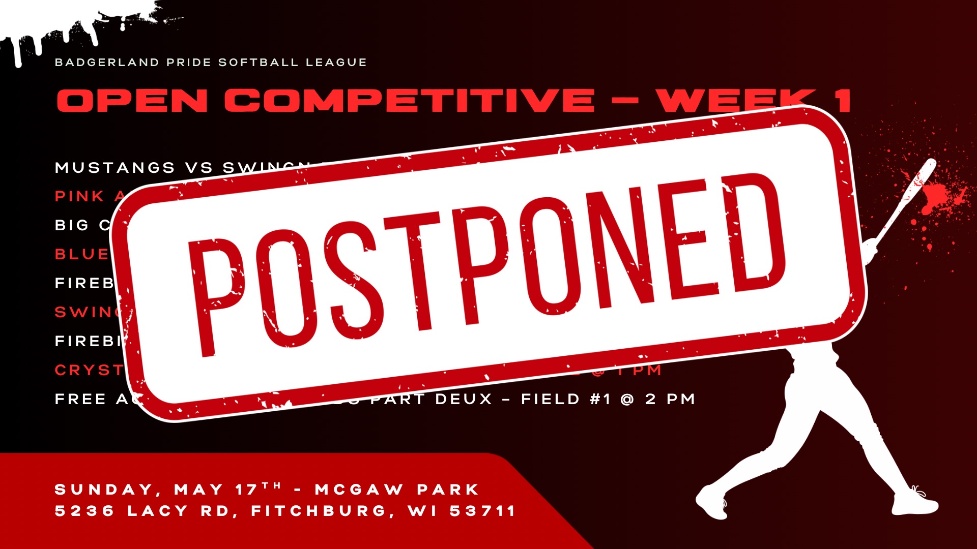 We are cancelling today’s games due to the incoming weather. ⛈️
Since we have teams traveling from out of town, we want to play it safe and avoid unnecessary trips. We will send out an update with the rain date soon. 🗓️
Enjoy the rest of your day, and see you next time!
