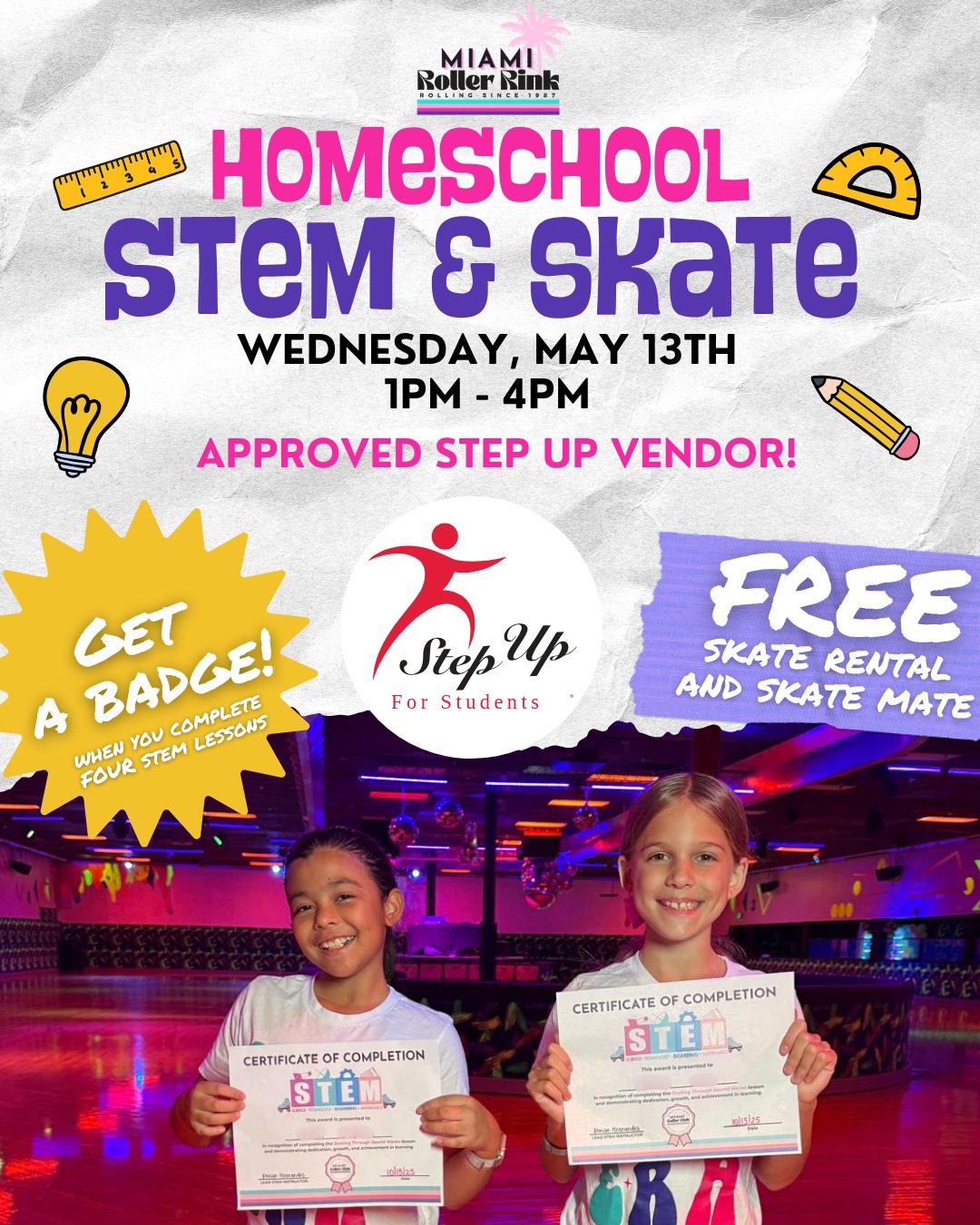 May Homeschool Skate Session is here! 🛼📚
At Miami Roller Rink, we combine STEM learning with roller skating for the perfect balance of physical education + learning! 💡✨
*Now Accepting Step Up*
What’s included:
STEM lessons & certificate
FREE skate rental & Skate Mate
Rink time with friends
📅 Wednesday, May 13th
⏰ 1PM – 4PM
🎟 Good to know:
Plus & VIP Memberships accepted
Non-skating chaperones get in FREE
Skating chaperones receive 50% OFF to skate ‼️
🎉 Bonus: Book your Homeschool Party during any Homeschool Skate session & enjoy a special homeschool party discount!
#MiamiRollerRink #Hotwheels #STEMandSkate #HomeschoolMiami