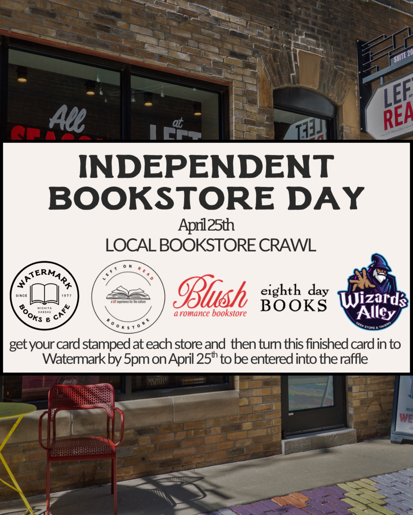 ✨This weekend, we outside!! Independent Bookstore Day is Saturday, April 25, and Left on Read is one of five stops on the Local Bookstore Crawl.
📍 Start at any participating bookstore and pick up your crawl passport.
📚 Left on Read — 612 E Douglas Ave, Suite 200
📚 Watermark Books — 4701 E Douglas Ave
📚 Blush Bookstore — 2721 E Central Ave, Suite 121
📚 Eighth Day Books — 2838 E Douglas Ave
📚 Wizard’s Alley — 114 N St. Francis Ave, Suite 200
🎟️ Get it stamped at each location, then turn it in to Watermark by 5 PM to be entered into this year’s raffle.
🗓️ Spend the day showing Wichita’s indie bookstores some love: pull up, get your stamps, and grab a copy of the 2026 Indie Bookstore Map while supplies last.
Swipe for some of our favorite memories from last year’s IBD and this year’s Indie Bookstore Day Exclusives available at Left on Read.
Can’t wait to see you!
#LeftOnRead #IndependentBookstoreDay #ShopSmall #BuyBlack #SupportLocal