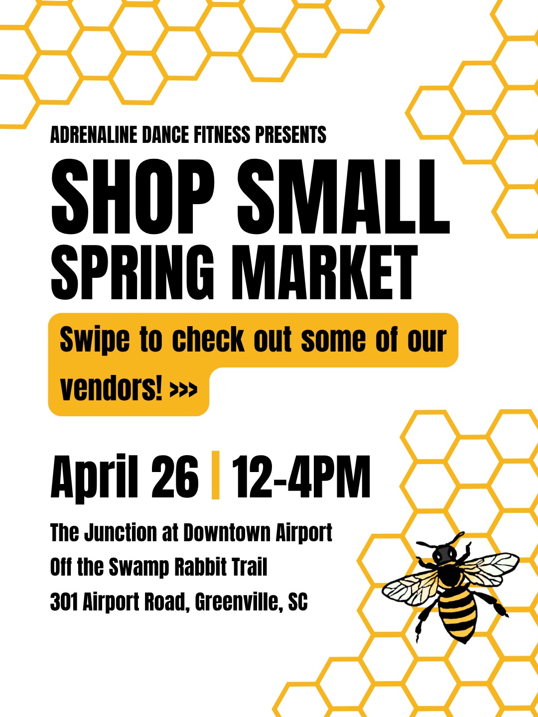 🐝 Bee on the lookout for our annual Shop Small Spring Market!
This year’s market will be April 26th from 12-4PM on the Junction Lawn. Come see us at 301 Airport Road in GVL and support some very cool local vendors!
Swipe for a sneak peek at a few of the booths you can expect to explore, and stay tuned for more! ✨
📚 @the_spottedtigress
🍹 Palmetto Fizzery
🎨 @allysonmakes
🍰 @cakedupgvl
🪧 Simply Lesli
✨ @mademoisellemosaics
🕯️ @sopinescandleco
🎀 @flutter_and_thread
🍪 @the_rainbow_confection
🇮🇹 @tuscanyandthread
#shoplocal #yeahthatgreenville #greenvillesc #shopsmall #craftmarket