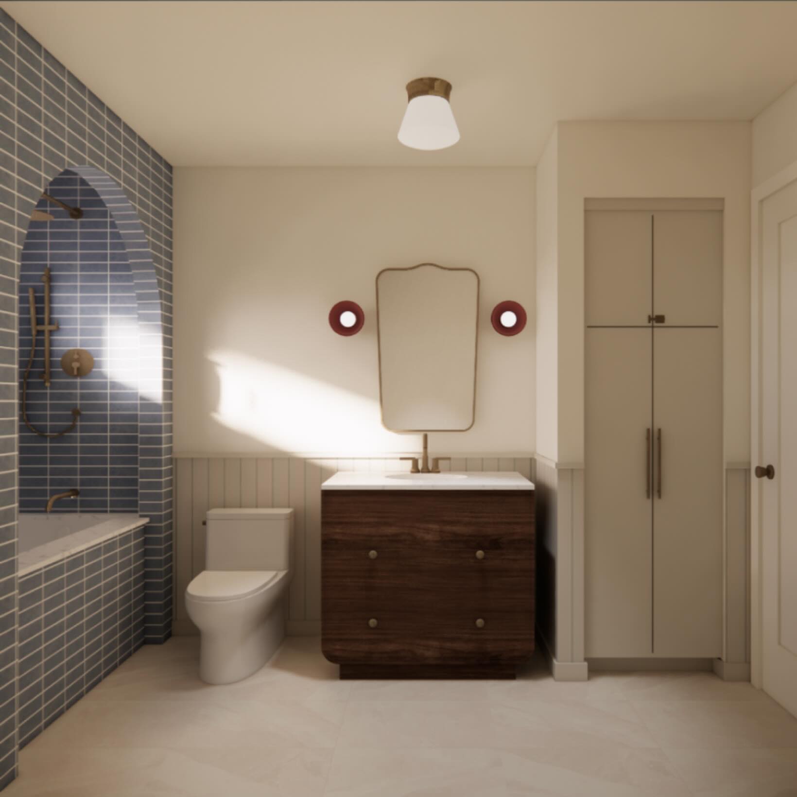 Who doesn’t love a good bath moment? This bathroom is all about that cozy, home-spa feel. The inset tub is capped in marble and framed by a stunning tiled arch. Coming summer 2026.
#residentialarchitecture #interiordesign #bathroom #cottagedesign #cozy