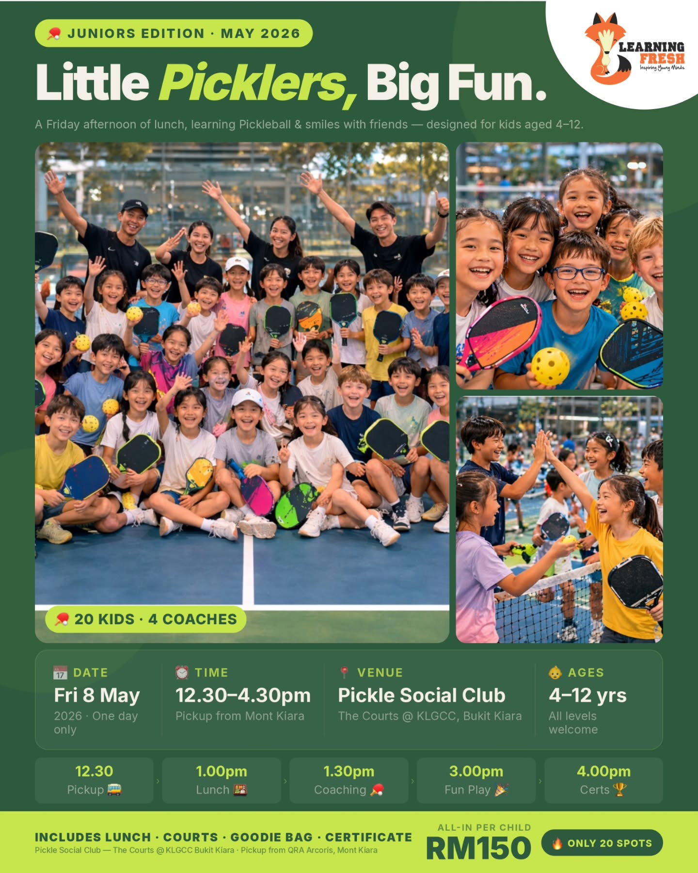 Little Picklers, Big Fun is here!
We’re excited to partner with Pickle Social Club at The Courts, KLGCC, for kids’ pickleball afternoon:
🚌 Pickup from Learning Fresh (Plaza Arcoris, Mont Kiara)
🍽️ A healthy sit-down lunch at NOA
🎾 Then real court time with PSC-qualified coaches, rally games, mini comps, and
🏆 A sweet finish with certificates + a group photo.
Zero screen time, 100% smiles.
Friday, 8 May 2026 • 12:30pm–4:30pm • RM150 all-in • Only 20 spots (first come, first served).
DM us to reserve your child’s spot.