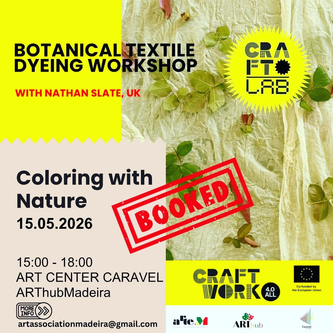 Fully booked 🌿
Our Botanical Textile Dyeing CRAFT LAB: Coloring with Nature on 15 May at Art Hub Madeira / Art Center Caravel is now full.
Thank you for the incredible interest 💚
If you’d like to join, you can still leave your request for the waiting list:
📩 artassociationmadeira@gmail.com
This event is part of the Craft Lab activities within the CraftWork4All @craftwork4all , co-funded by the Creative Europe Programme.
#CraftWork4All #CreativeEurope #artemassociation #ArtHubMadeira #ArtCenterCaravel #BotanicalDyeing