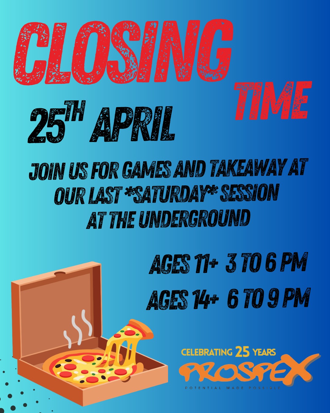 We've come to the end of our funding for Saturday Sessions at the Underground Youth Centre so we'll be closing the doors in style...for now 🥲
Join us on the 25th of April for a day of fun, games and takeaway 🍕
❗Please note, this is just the Saturday Sessions that are coming to an end