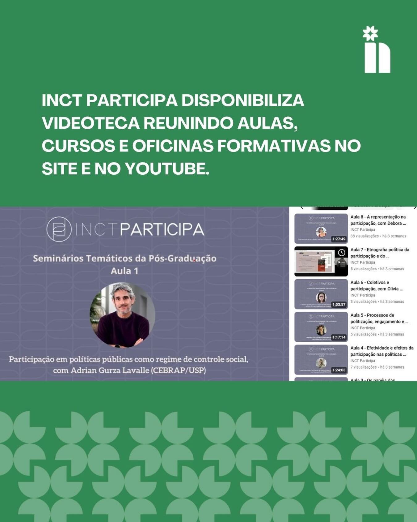 🎥 Está no ar a Videoteca do INCT Participa!
Disponível no site e no YouTube, a videoteca reúne aulas, cursos e oficinas de formação produzidos por pesquisadores do instituto, ampliando o acesso ao conhecimento e à divulgação científica.
🔗 Acesse em inctparticipa.org ou pelo canal no YouTube: youtube.com/@INCT_Participa