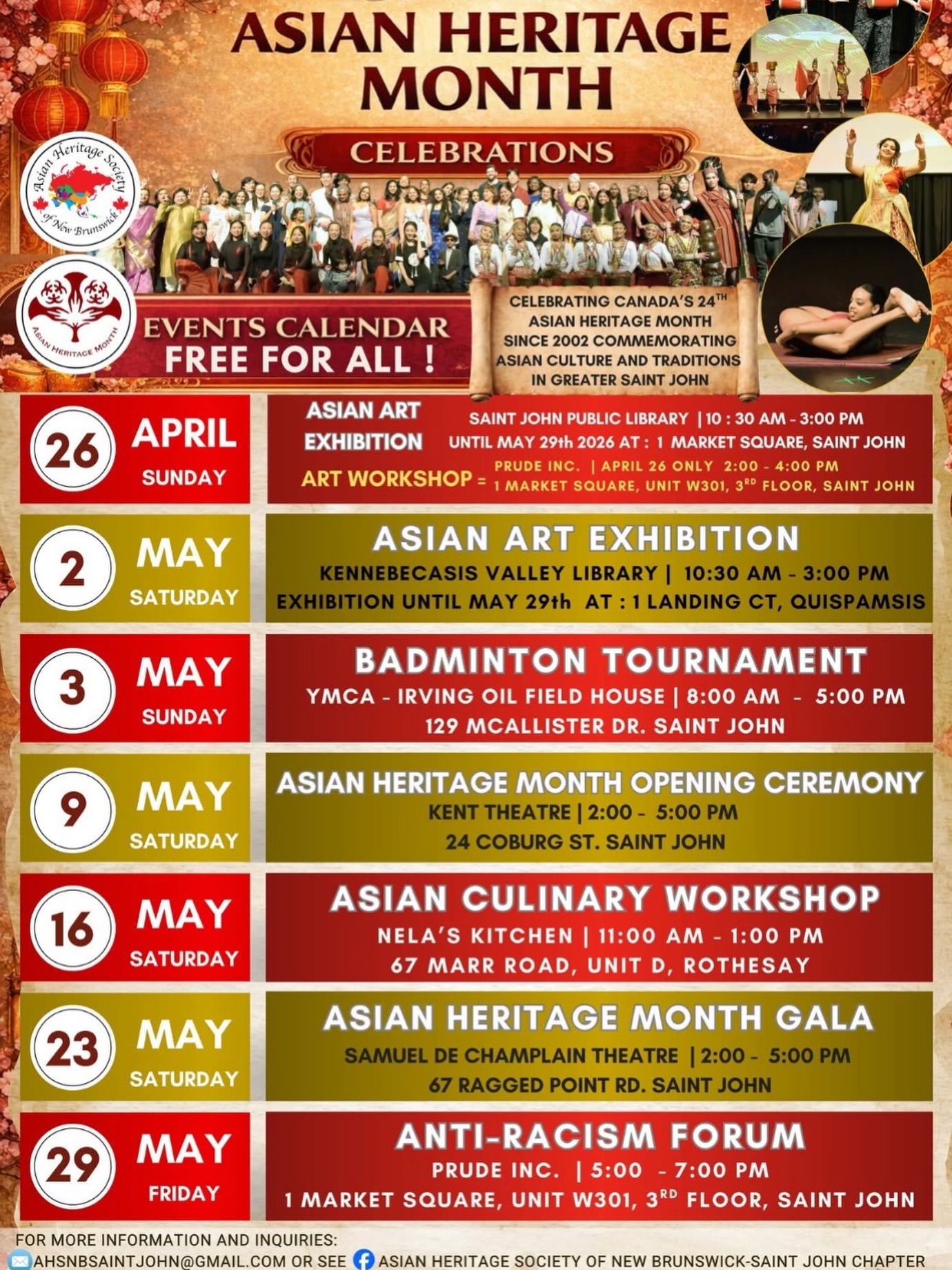Celebrating culture, community, and connection
Join the City of Saint John this April and May for Asian Heritage Month celebrations filled with vibrant performances, cultural showcases, and opportunities to learn, connect, and celebrate the rich diversity of Asian communities.
These events are open to everyone. Bring your friends, family, and curiosity as we honour traditions, stories, and contributions that continue to shape our communities.
Follow @asianheritagenb for details of the events.
📣 Know someone who should be there? Share this post and spread the word—let’s celebrate together!
#asianheritagemonth #saintjohn #celebrateculture #explore #ucof2026