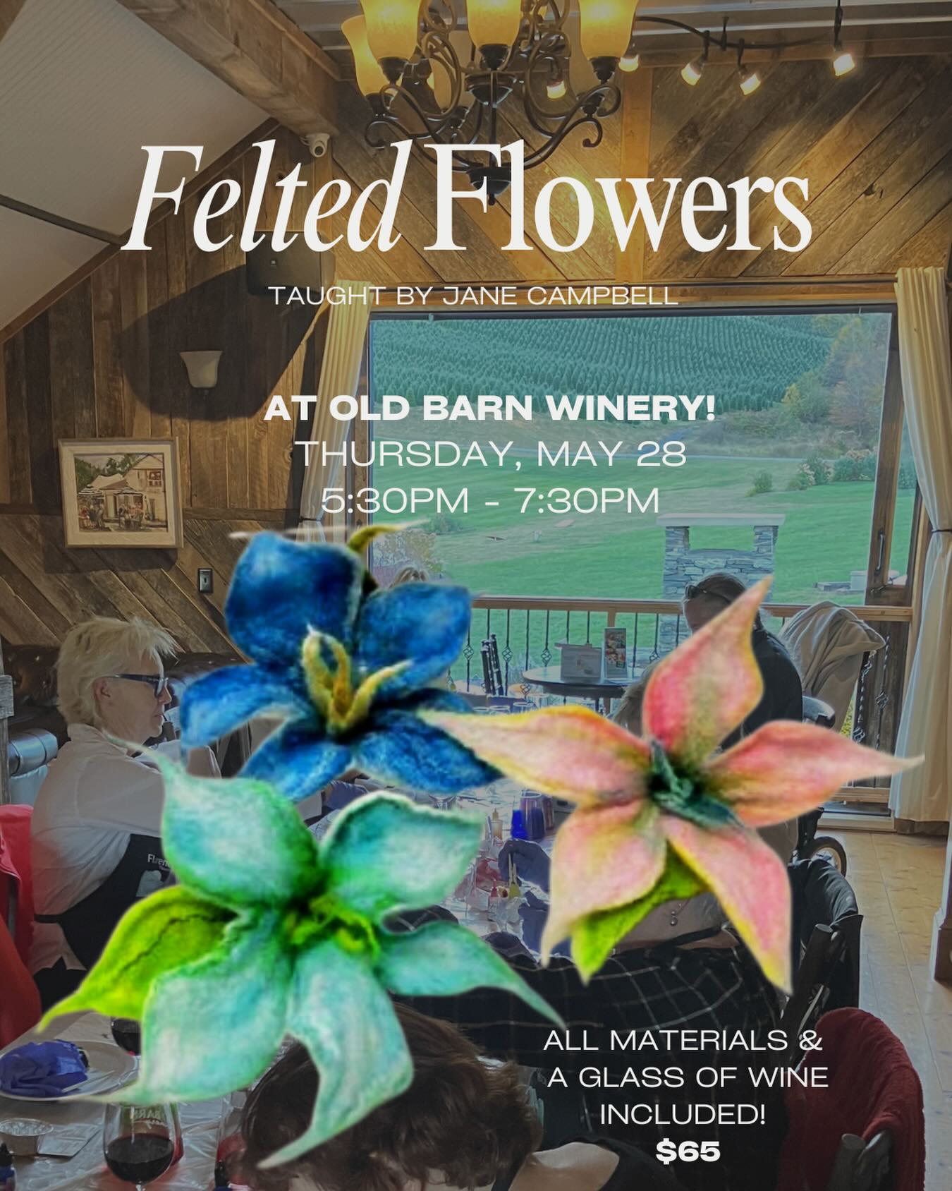 🌼🥂✨New Class Added In May✨🥂🌼
🌸🌼Felted Flowers at Old Barn Winery with Jane Campbell— Thursday, May 28 | 5:30pm-7:30pm $65 (all materials & a glass of wine included)
🌼Unwind, sip, and get creative in this hands-on workshop at Old Barn Winery with Jane Campbell! Join us for a relaxing and inspiring experience where you’ll learn the art of wet felting while enjoying a glass of wine.🥂
🌼In this class, you’ll create two beautiful felted flowers from soft, colorful animal fibers. Using a simple but magical process of layering fibers, then adding water, soap, and a bit of friction, you’ll watch as the materials transform into sturdy, sculptural fabric right in your hands.
🌼No experience needed—just come ready to play with color and texture!
🌼Your finished flowers can be:
A unique brooch, a charming hat or coat accessory, or a handmade table accent!
All materials are provided, along with a complimentary glass of wine to make the experience even more enjoyable.🌼🥂✨
@oldbarnwine
#feltflowers #artworkshop #florencethomas #westjeffersonnc