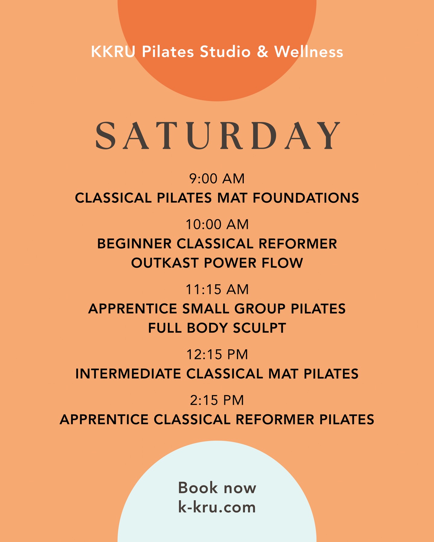 We can’t think of a better way to start your Saturday morning than at KKRU Pilates Studio 😊 Lots of options to move, breath, and connect with your body tomorrow morning! Sign up now in app or online ➡️ k-kru.com